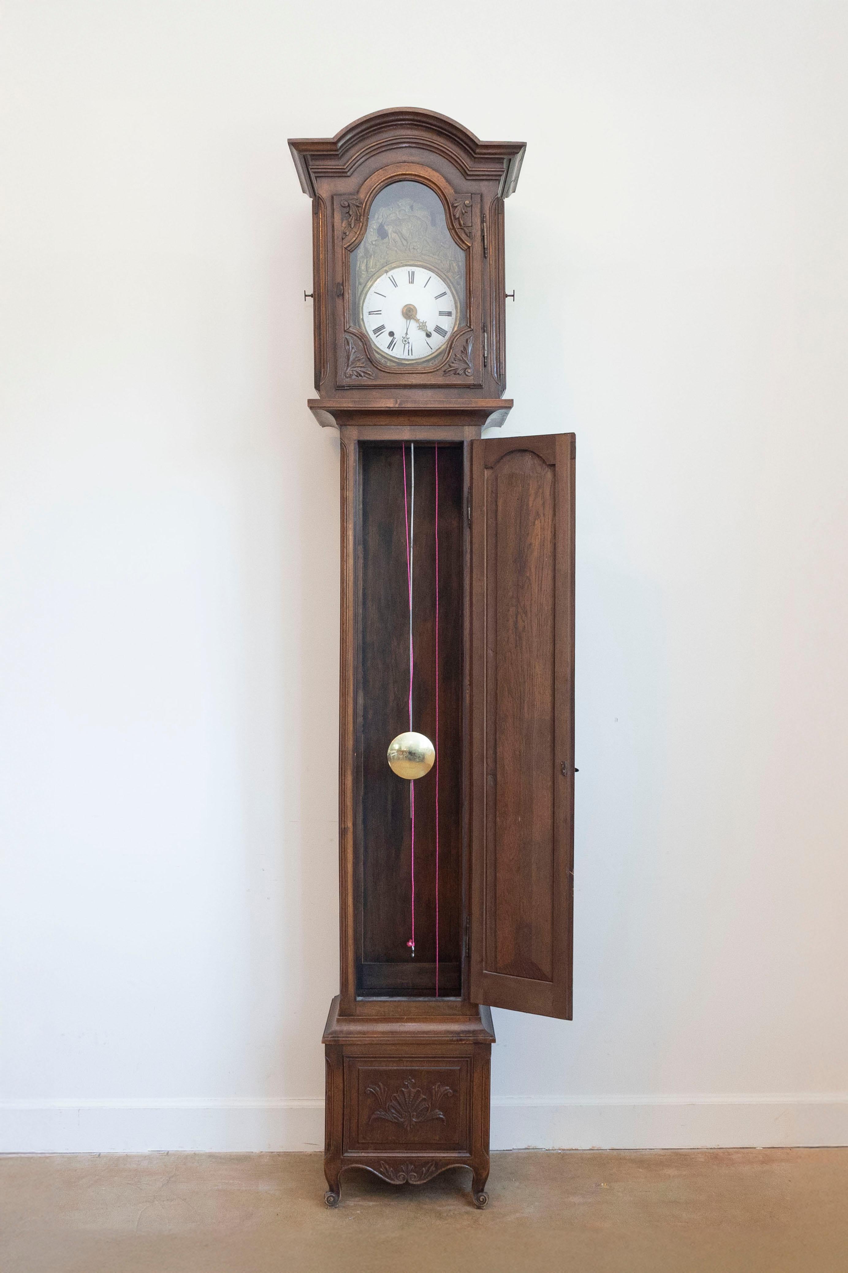 French Napoléon III Carved Walnut Long Case Clock with Brass Farming Scene For Sale 2