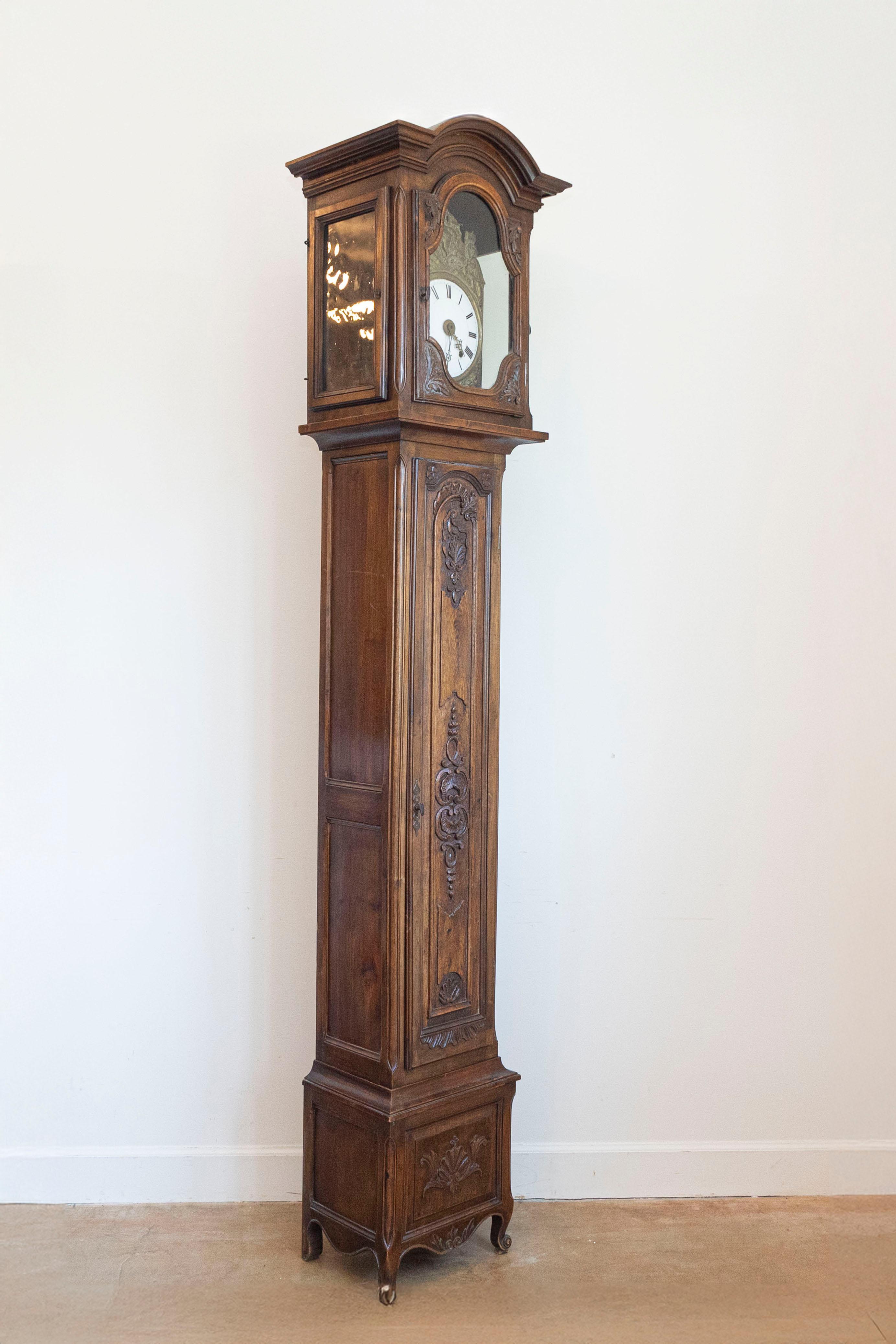 French Napoléon III Carved Walnut Long Case Clock with Brass Farming Scene For Sale 3