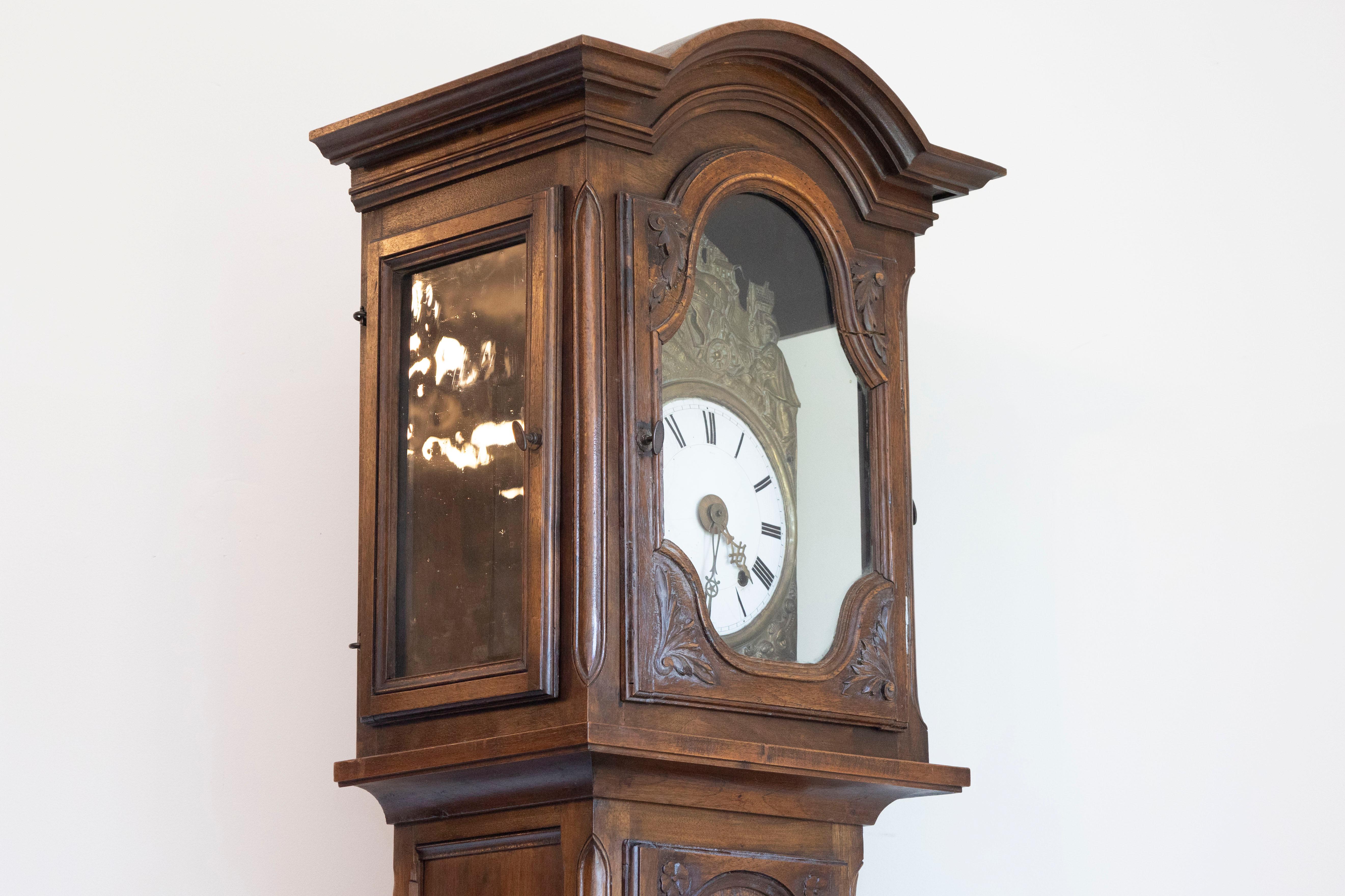 French Napoléon III Carved Walnut Long Case Clock with Brass Farming Scene For Sale 4