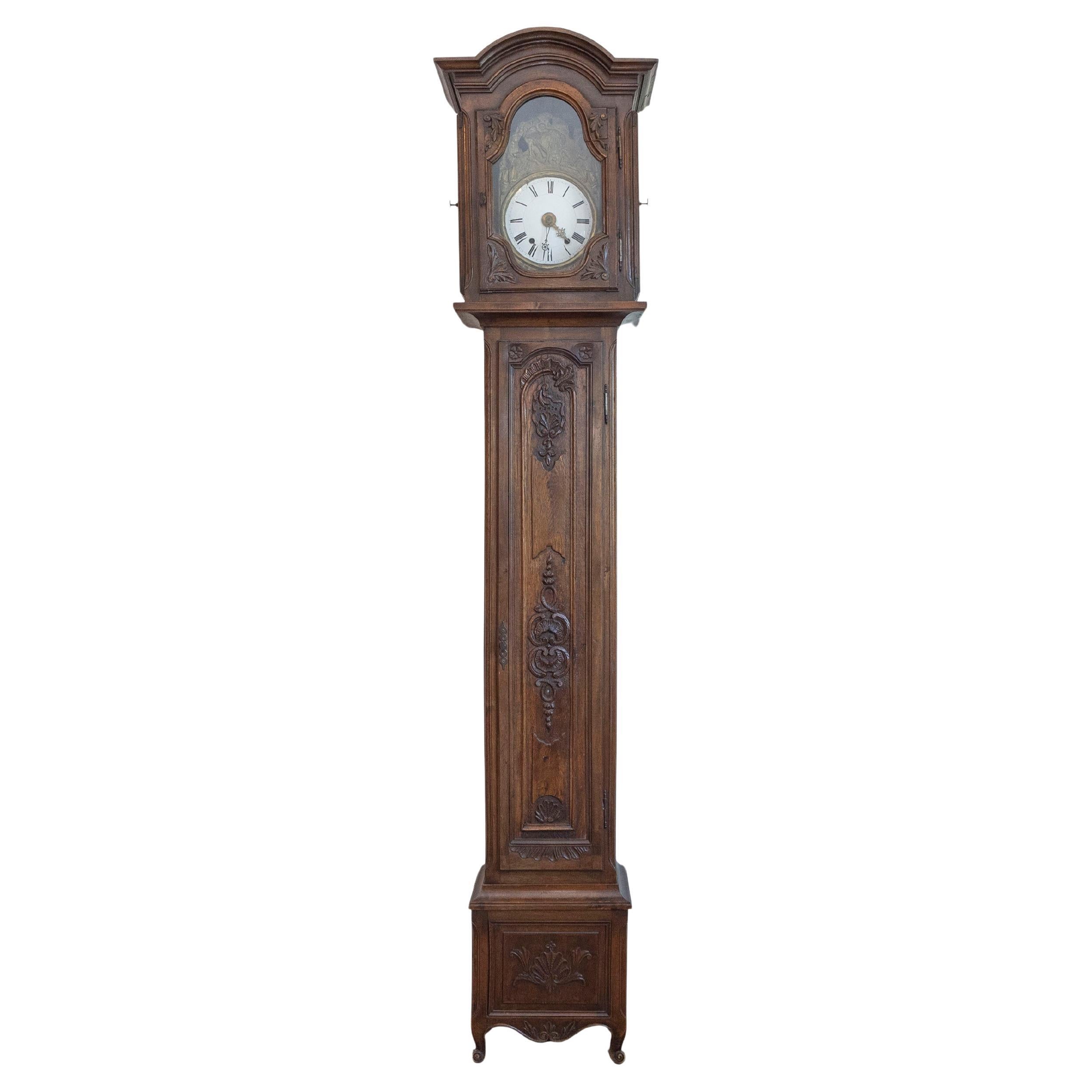 French Napoléon III Carved Walnut Long Case Clock with Brass Farming Scene For Sale