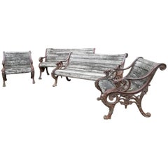 French Napoleon III Cast Iron Garden Set with Wood Slats from 19th Century