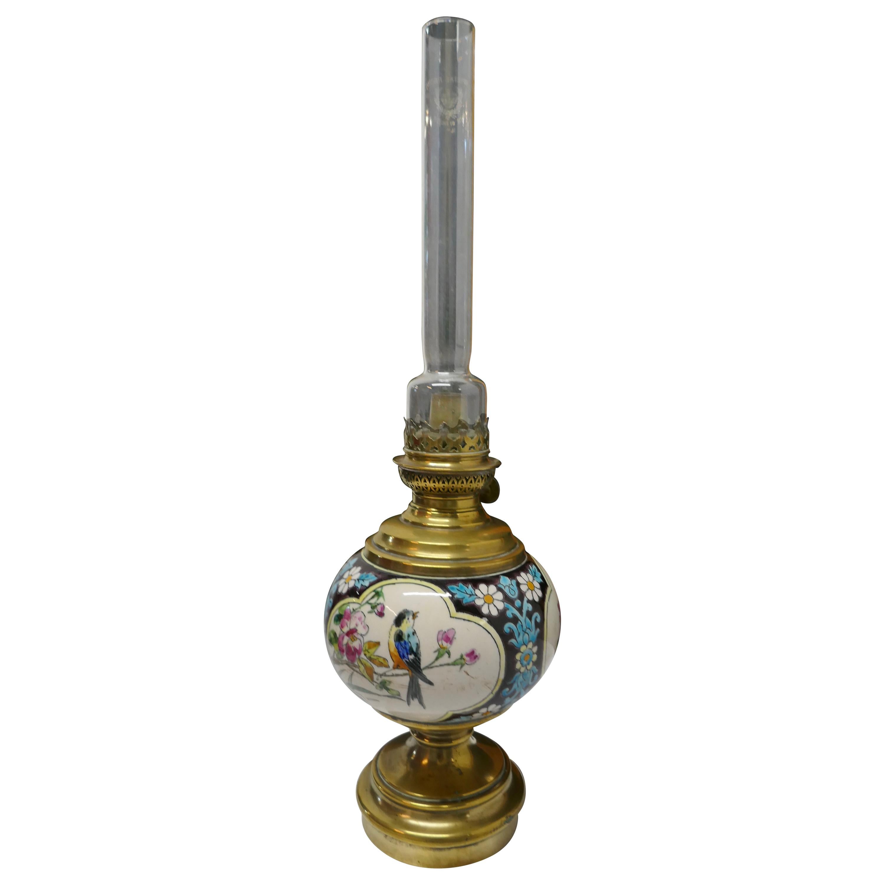 French Napoleon III Oil Lamp Decorated with Birds and Flowers For Sale