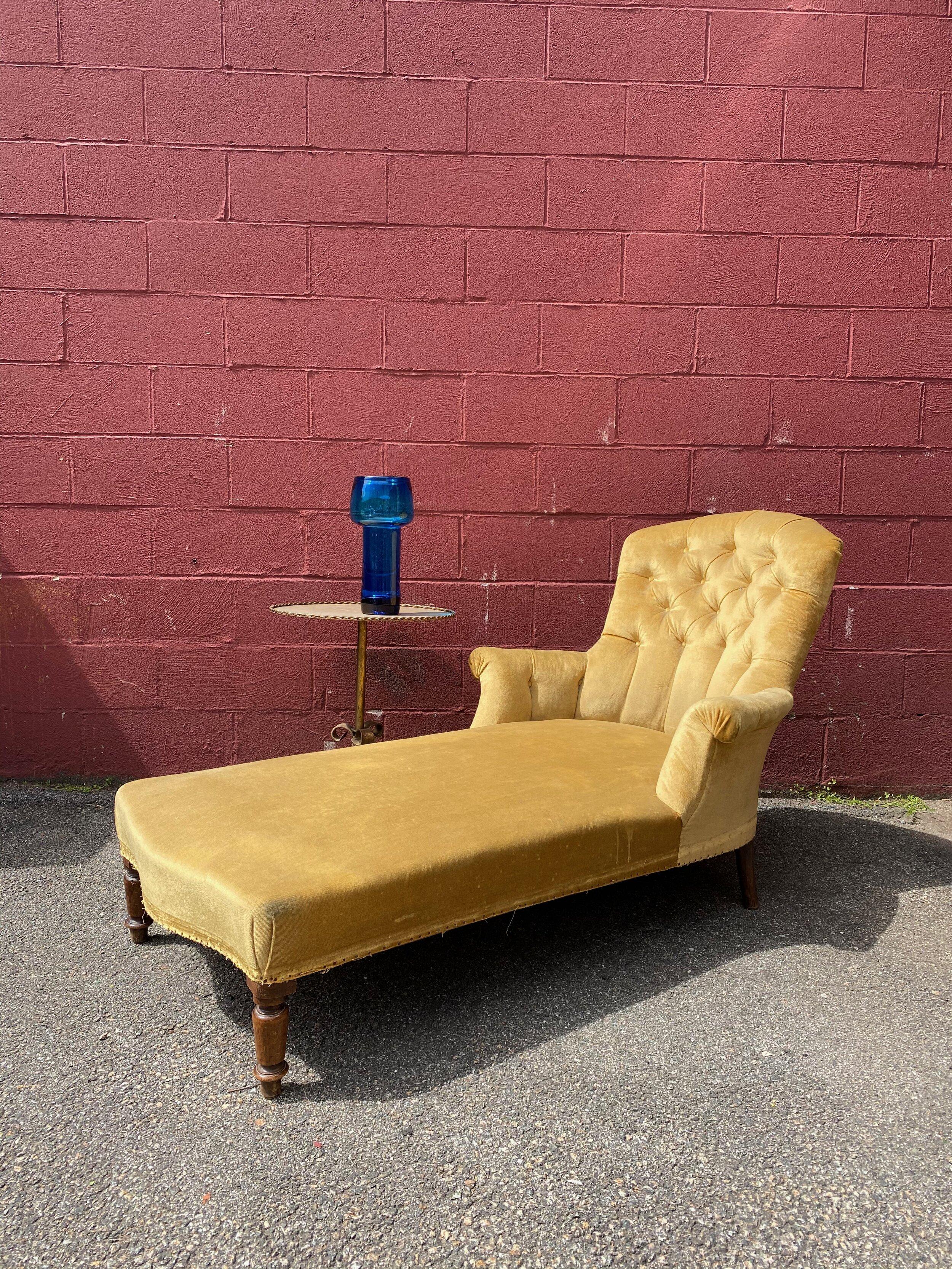 French 19th century Napoleon III chaise longue upholstered and tufted in gold velvet. The chaise is very comfortable. Sold as is.

Ref #  SN0615-08

Dimensions: 64” x 33” x 35” H ( 13” seat height  ) 