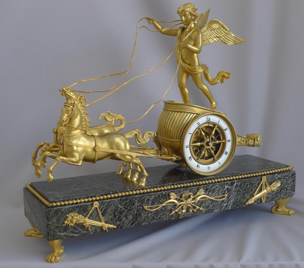 Mid-19th Century French Napoleon III chariot clock in ormolu & marble vert For Sale