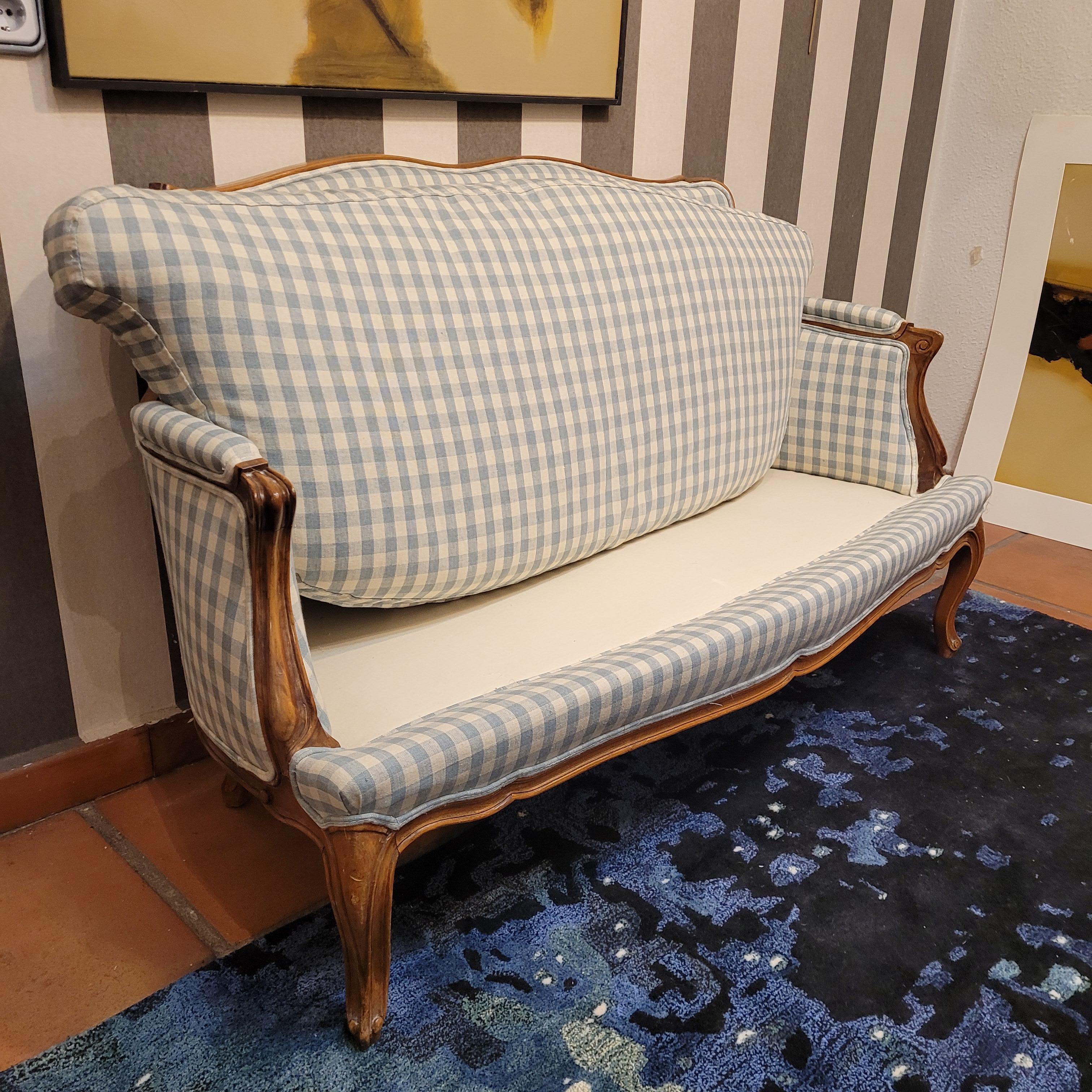 French Napoleon III checked blue fabric Sofa wood 4