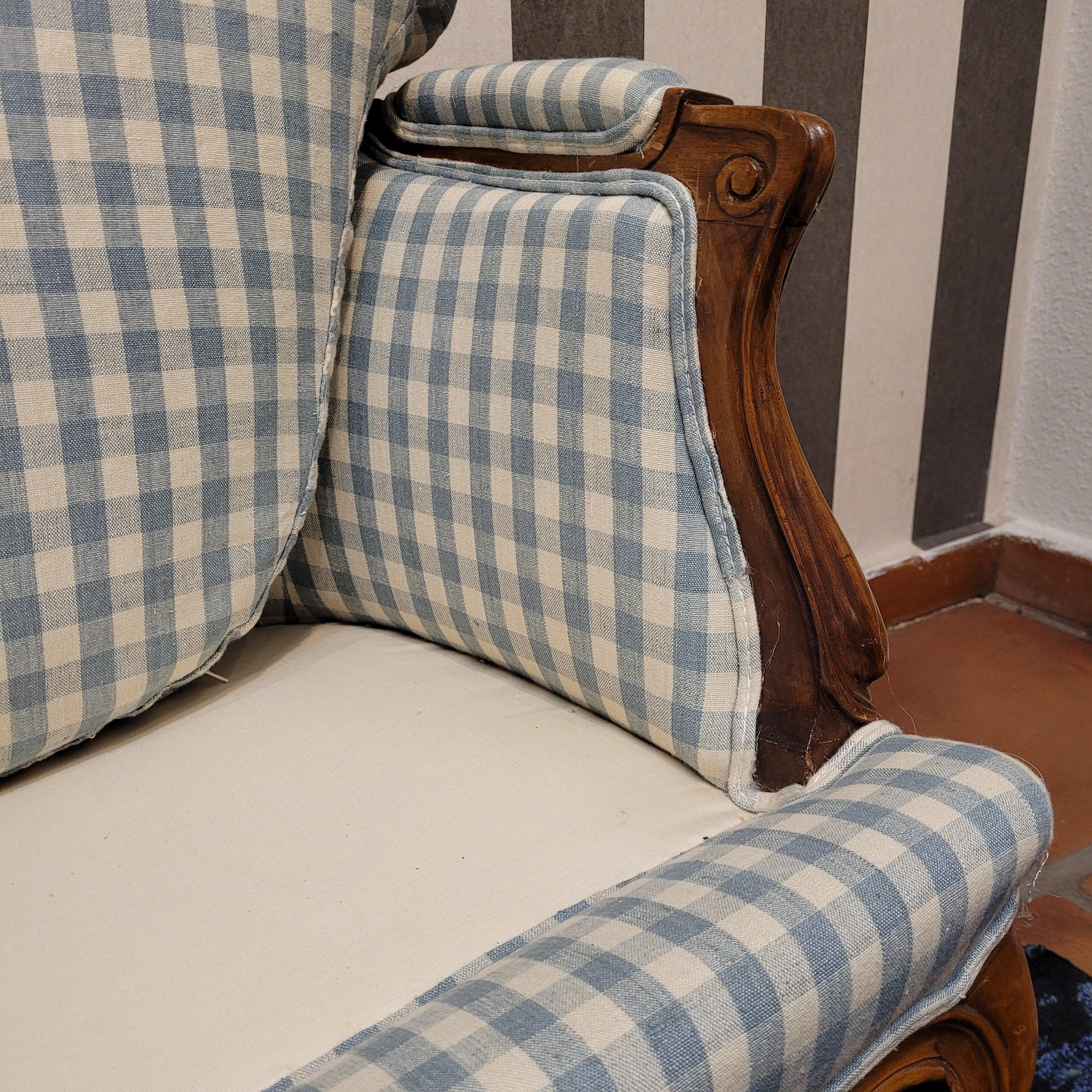 French Napoleon III checked blue fabric Sofa wood 5