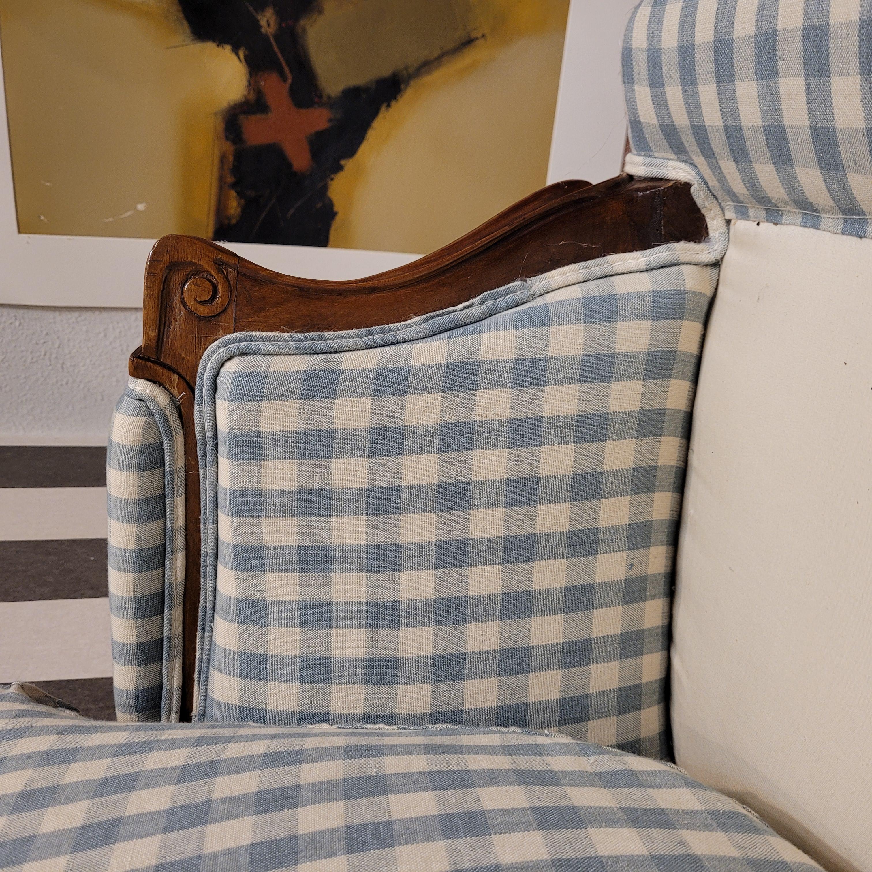 French Napoleon III checked blue fabric Sofa wood 5