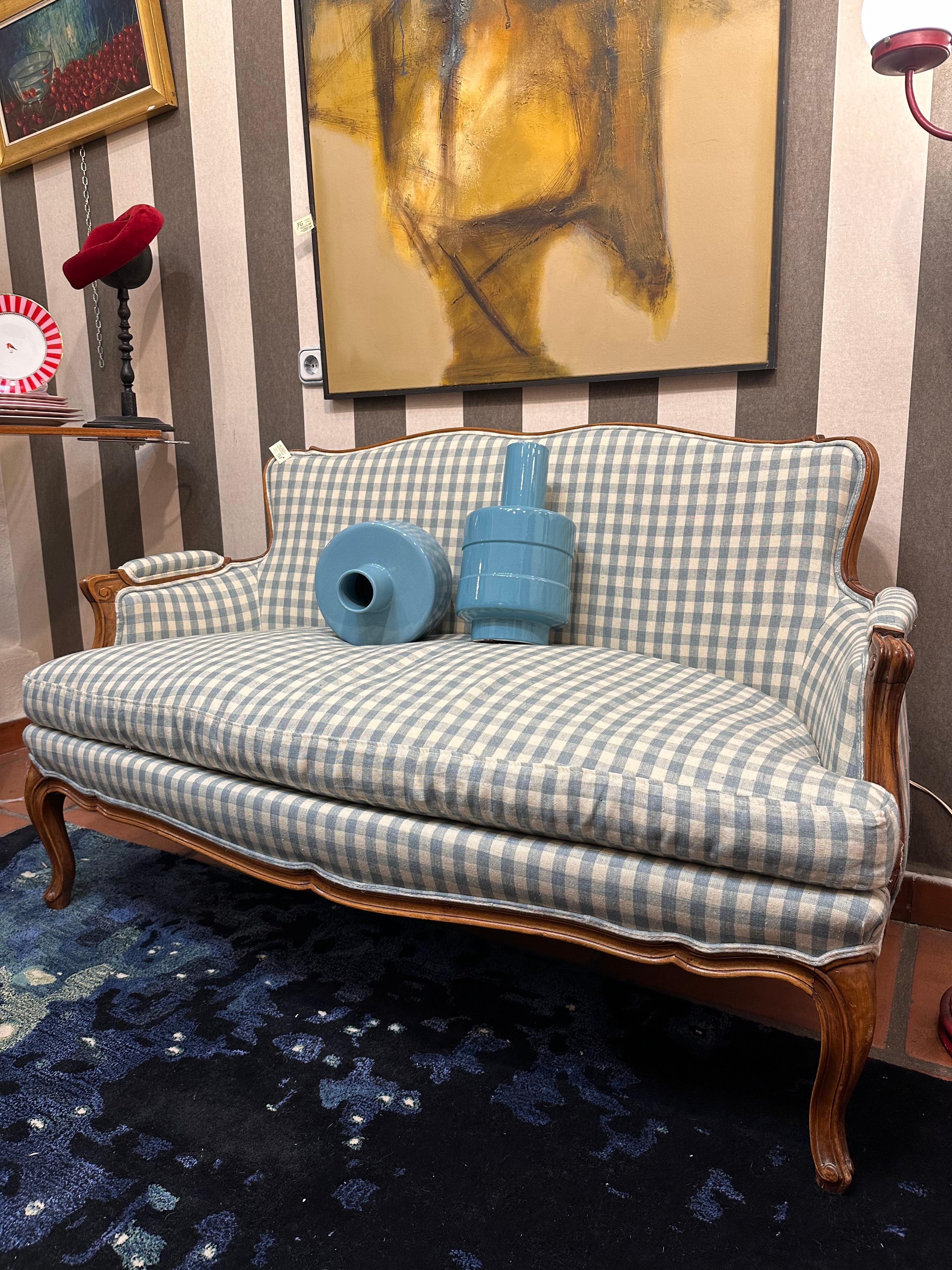French Napoleon III checked blue fabric Sofa wood 9