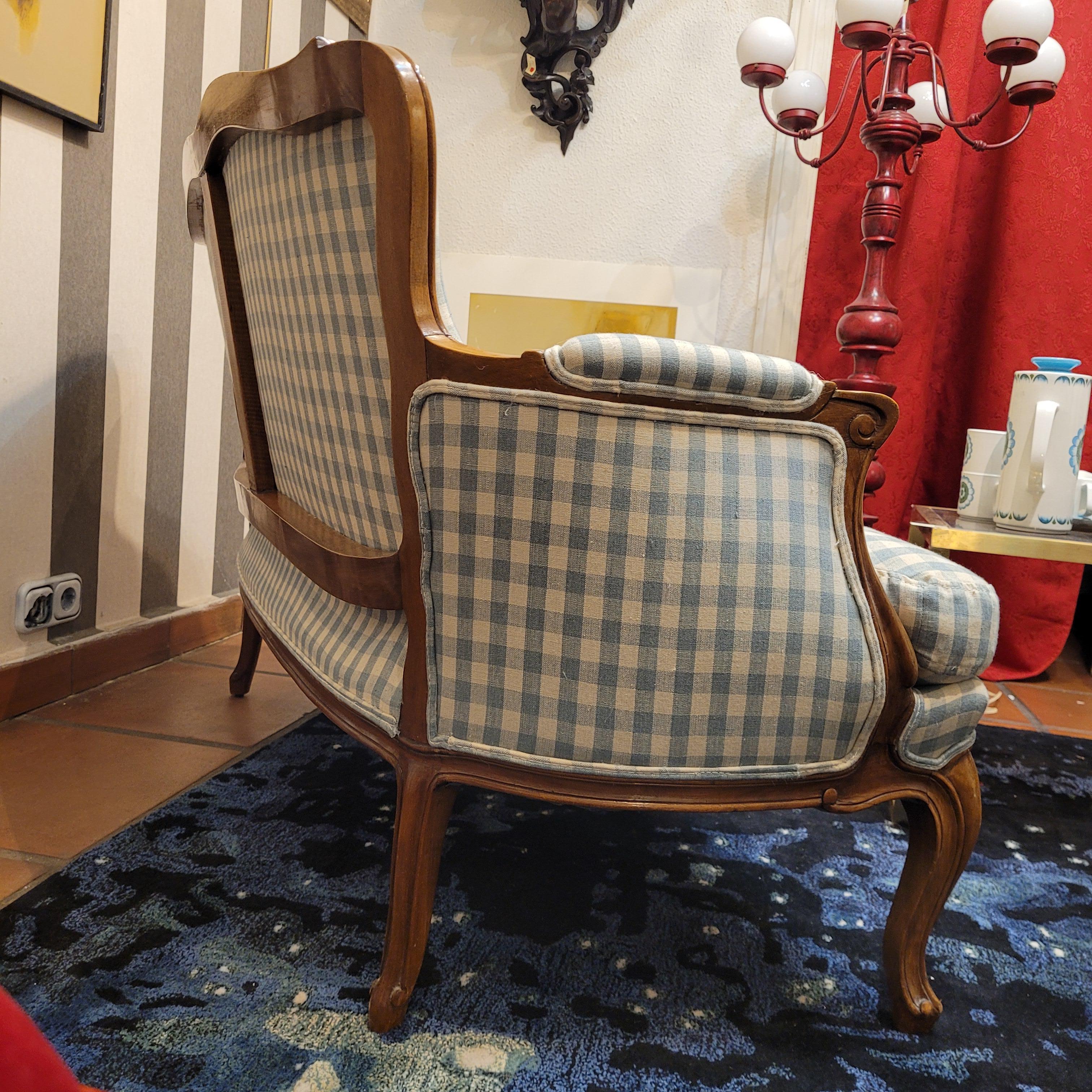 French Napoleon III checked blue fabric Sofa wood 13