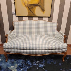 Canapé en tissu bleu à carreaux Napoléon III français Wood