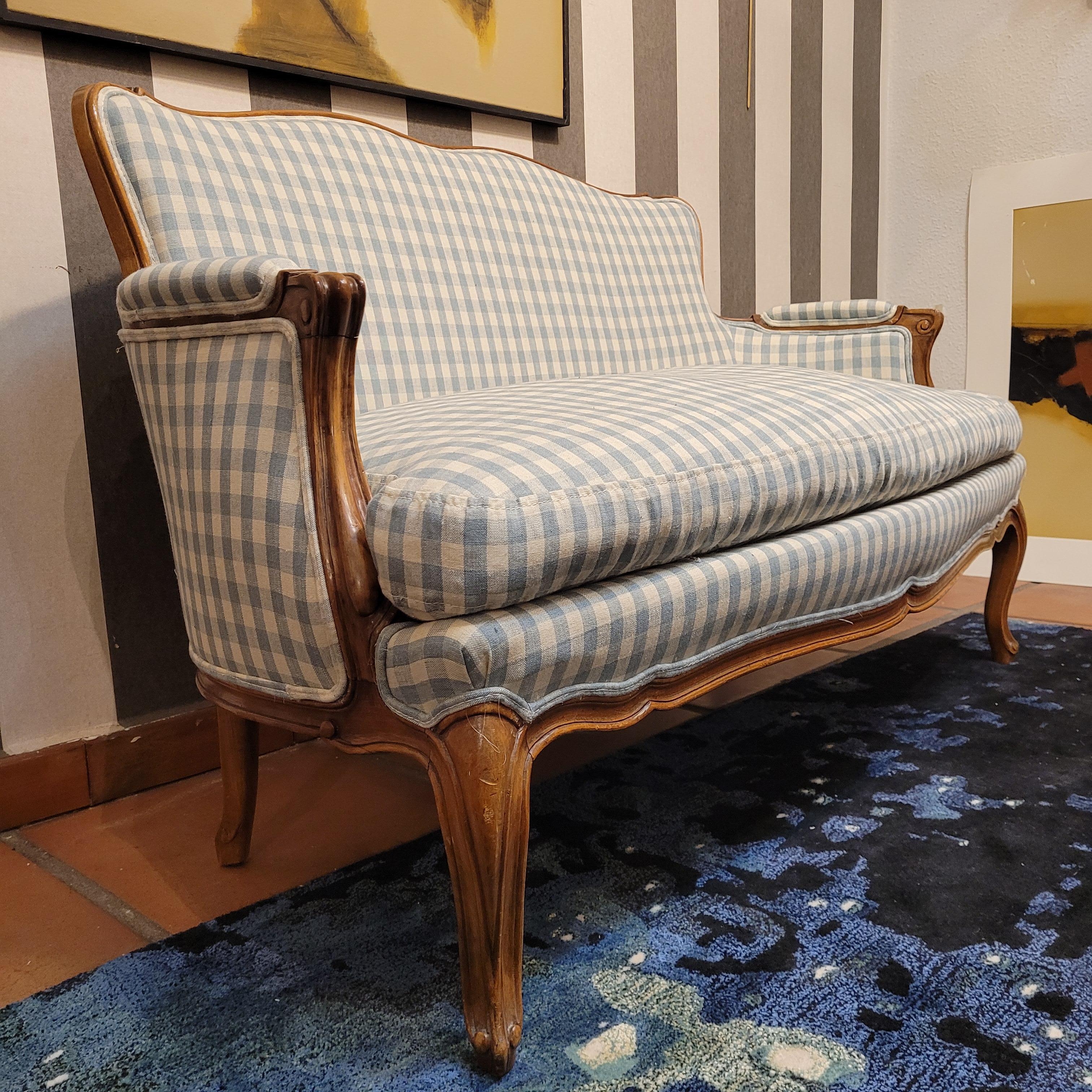 Late 19th Century French Napoleon III checked blue fabric Sofa wood
