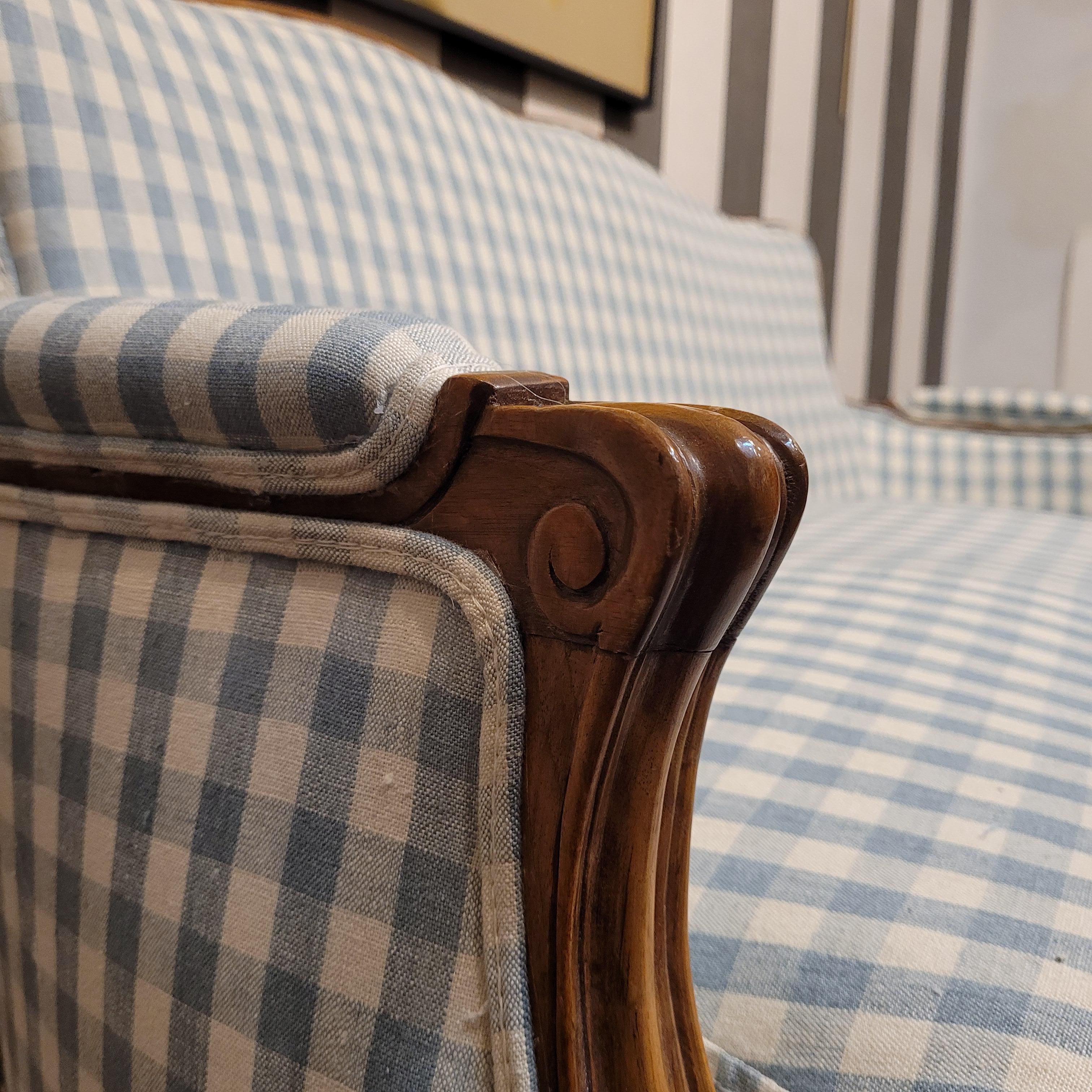 French Napoleon III checked blue fabric Sofa wood 1