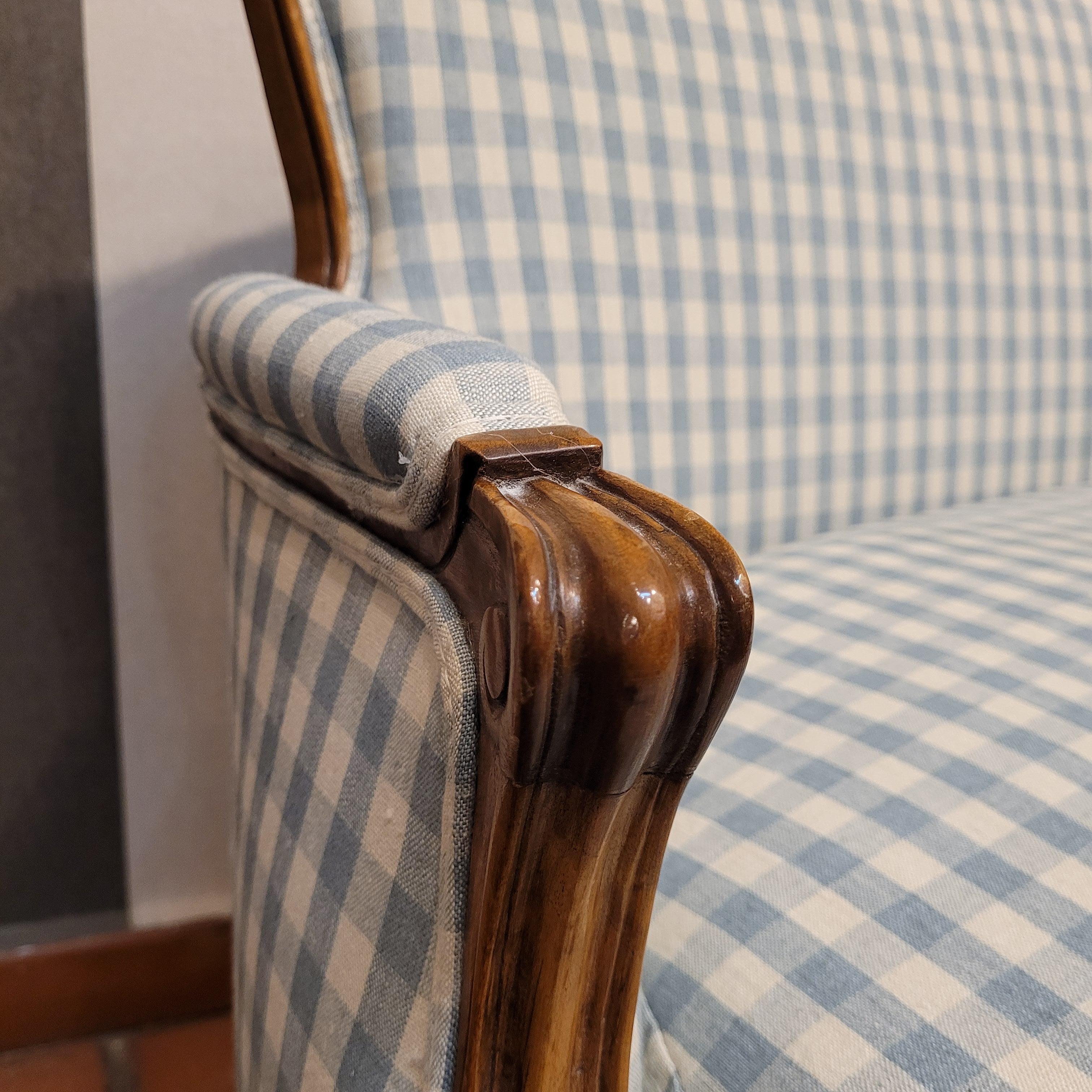French Napoleon III checked blue fabric Sofa wood 2