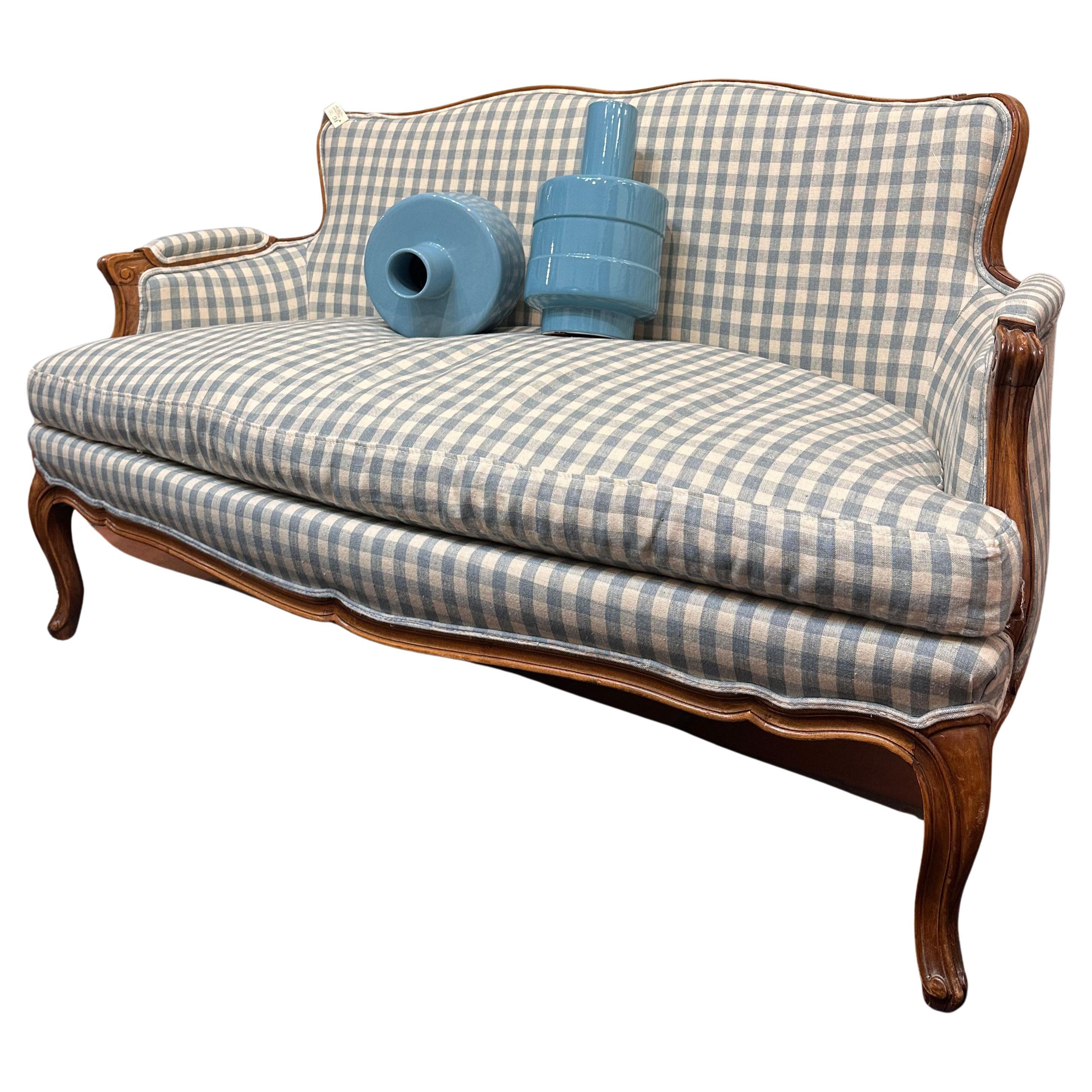 French Napoleon III checked blue fabric Sofa wood