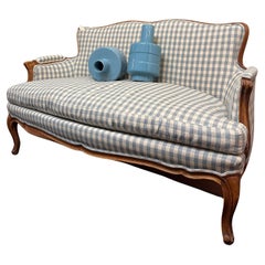 Canapé en tissu bleu à carreaux Napoléon III français Wood