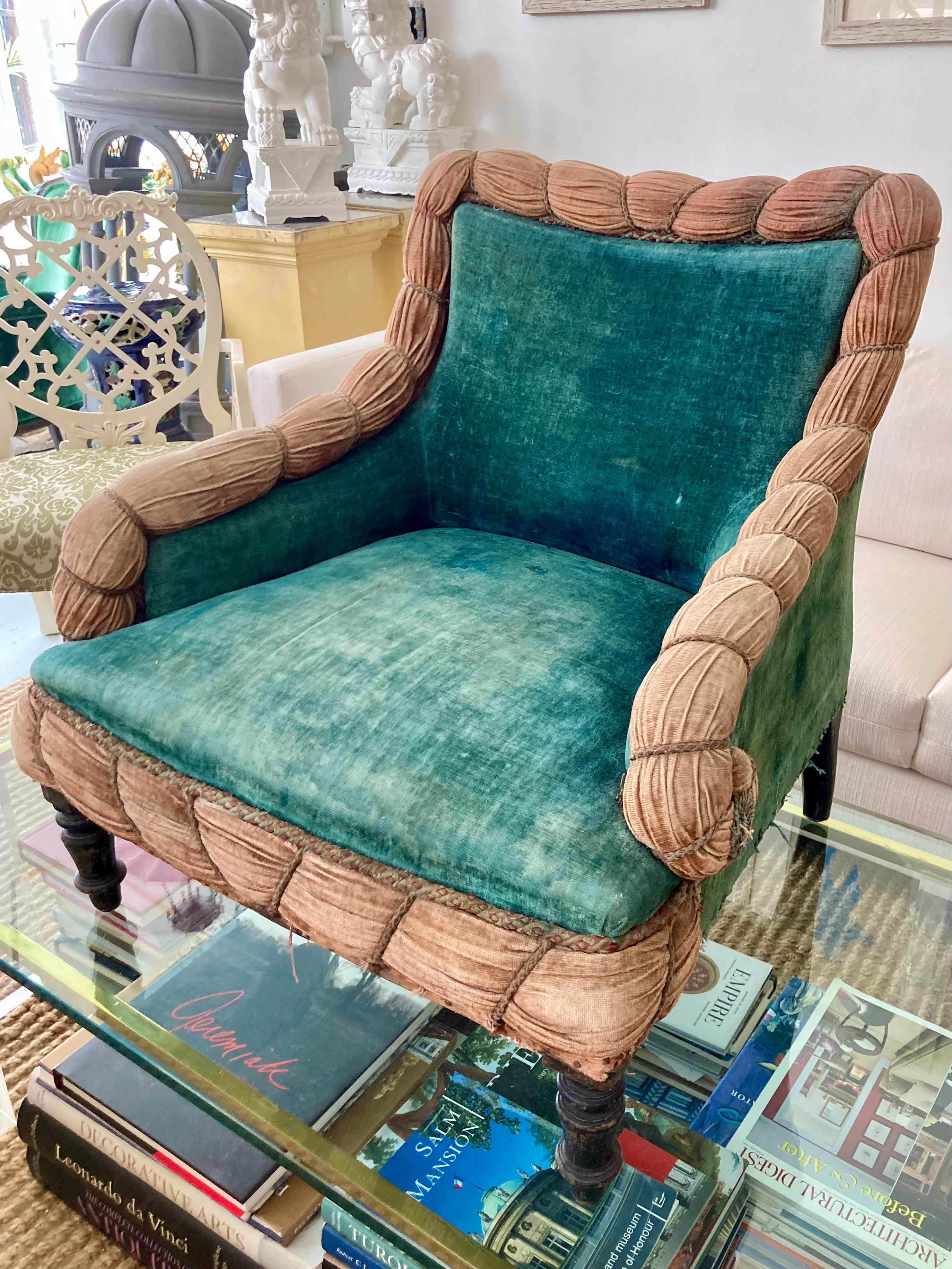 An amazing French Napoleon III club chair from the 19th Century in all original textiles! Leave as is, or have your upholstery service work their magic! Love all the incredible upholstery details. Fabulous!