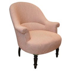 French Napoleon III Crapaud Armchair in Red and White Ticking Stripe, Circa 1870