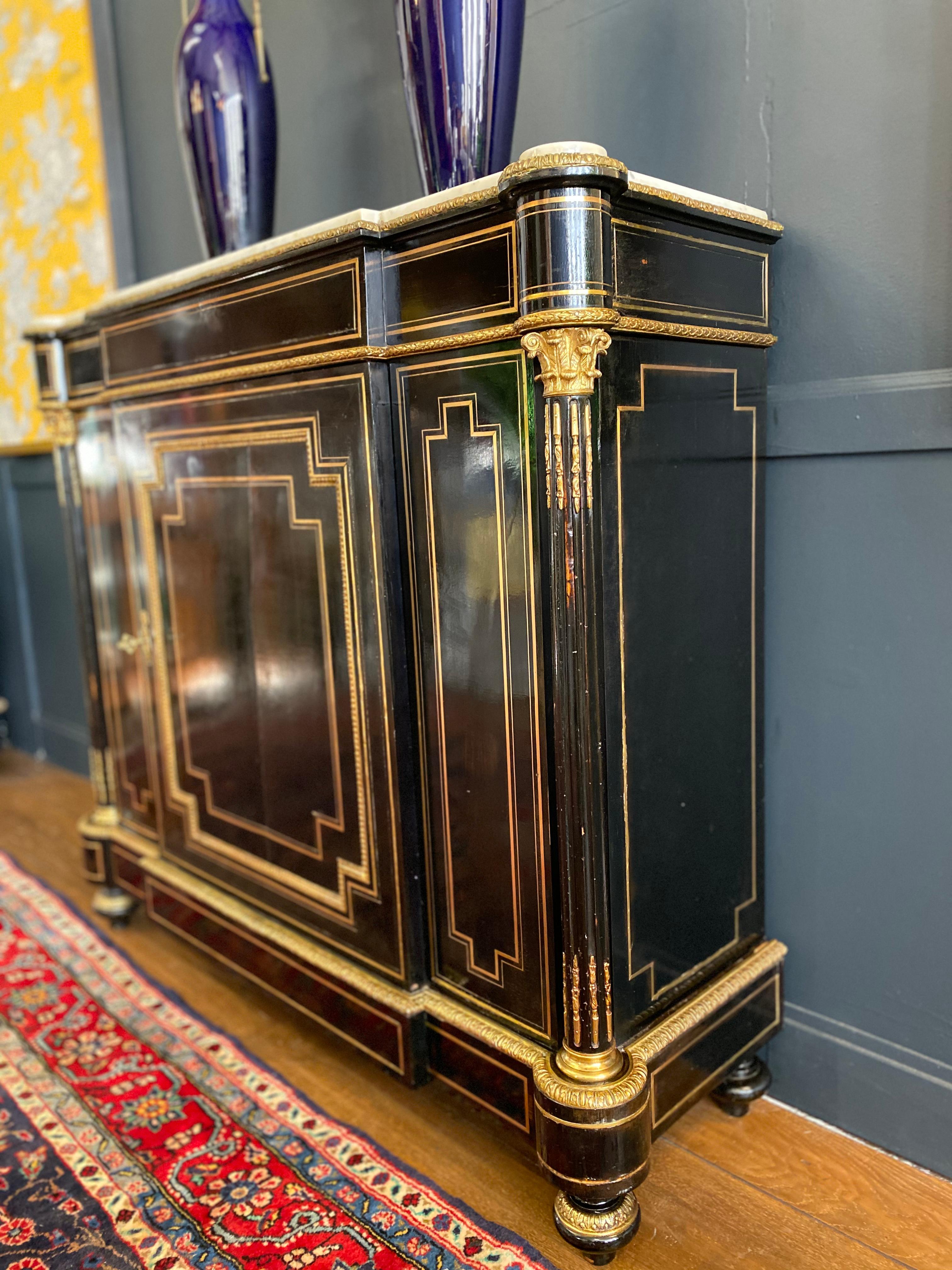 French Napoleon III Credenza Gilt Bronze Mounted Ebonized Cabinet Sideboard In Fair Condition For Sale In Brooklyn, NY