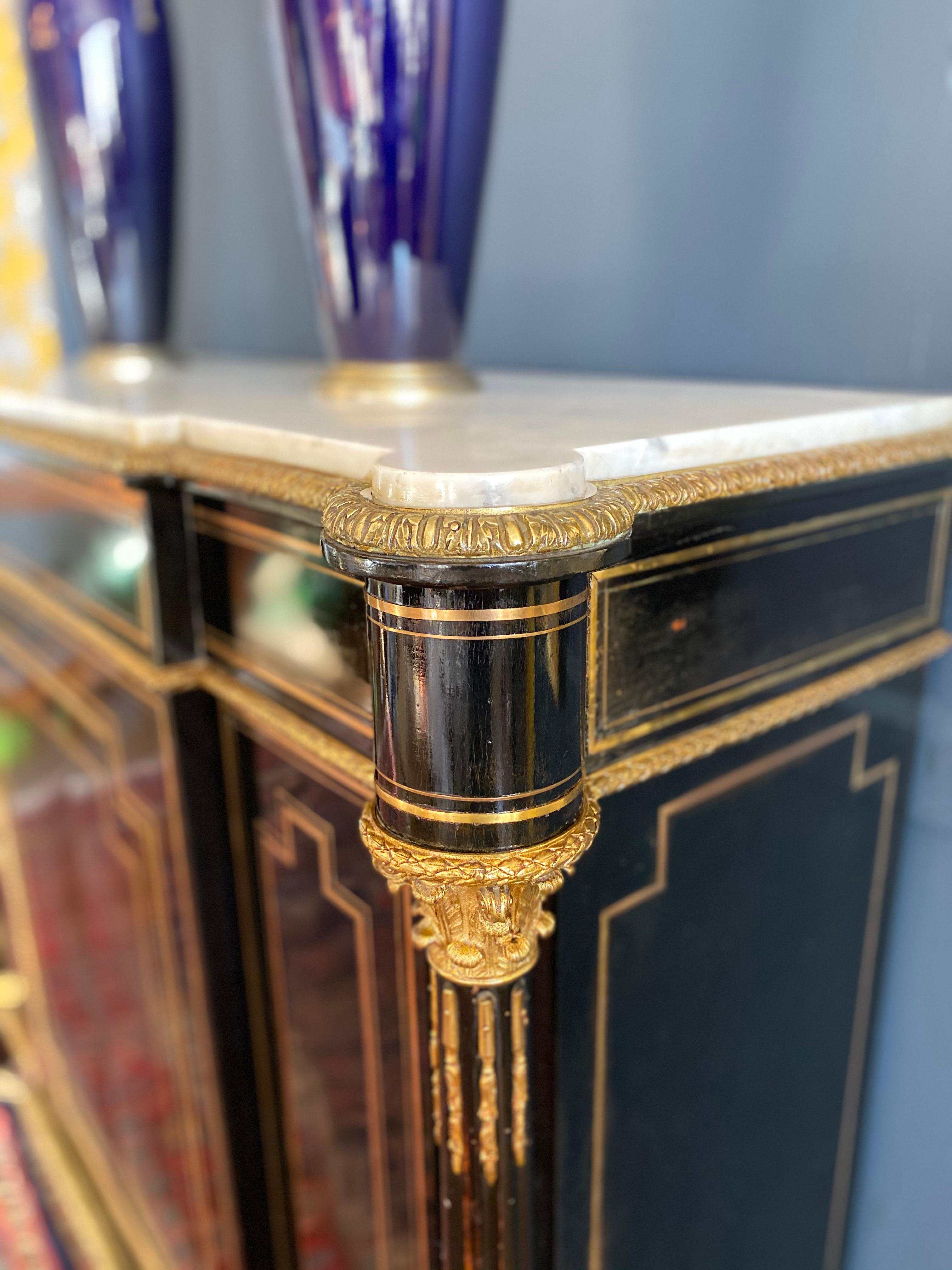 Late 19th Century French Napoleon III Credenza Gilt Bronze Mounted Ebonized Cabinet Sideboard For Sale