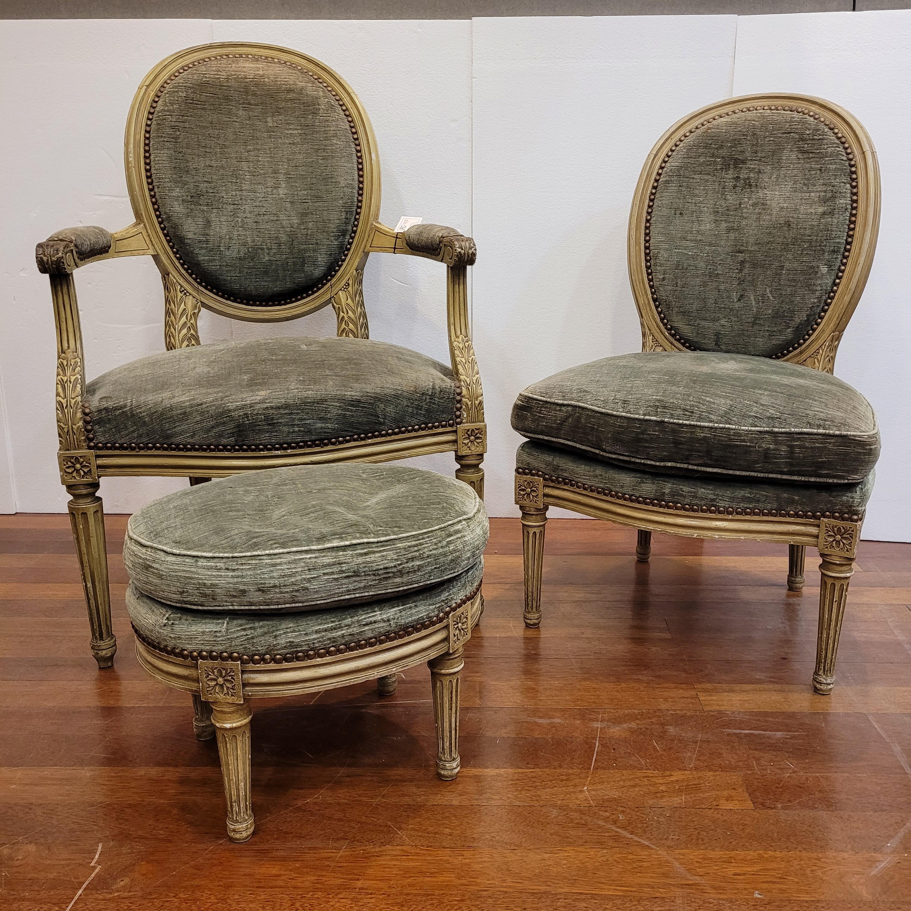  French Napoleon III  dry green set of 3  seats, Louis XVI style  For Sale 7