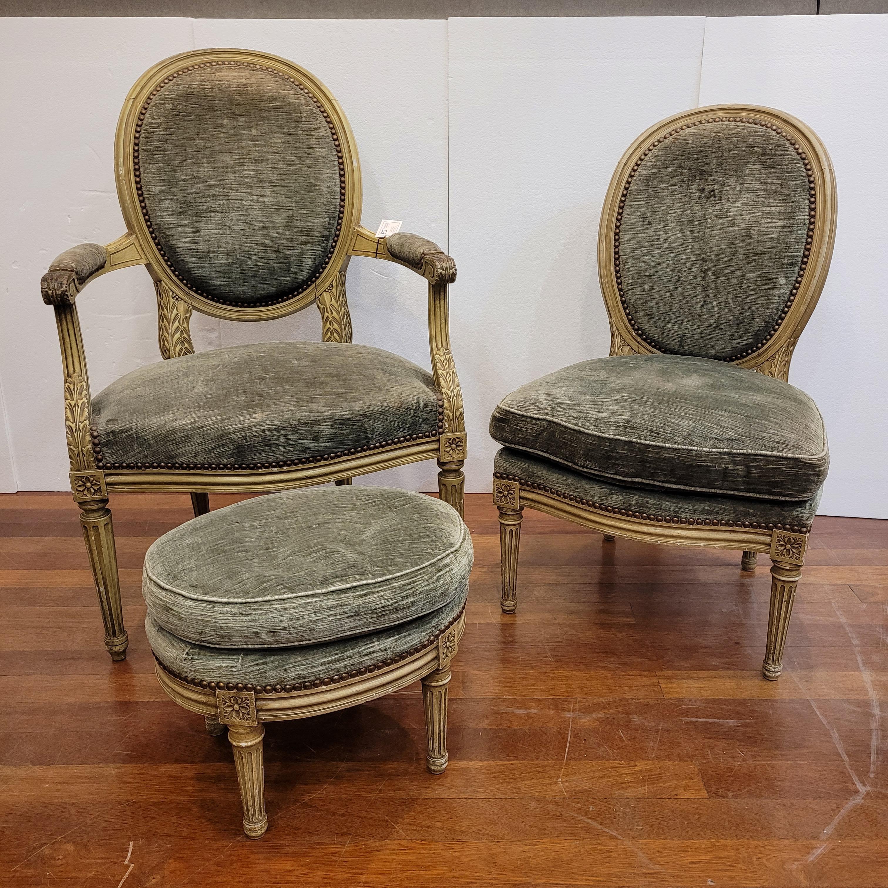  French Napoleon III  dry green set of 3  seats, Louis XVI style  For Sale 10