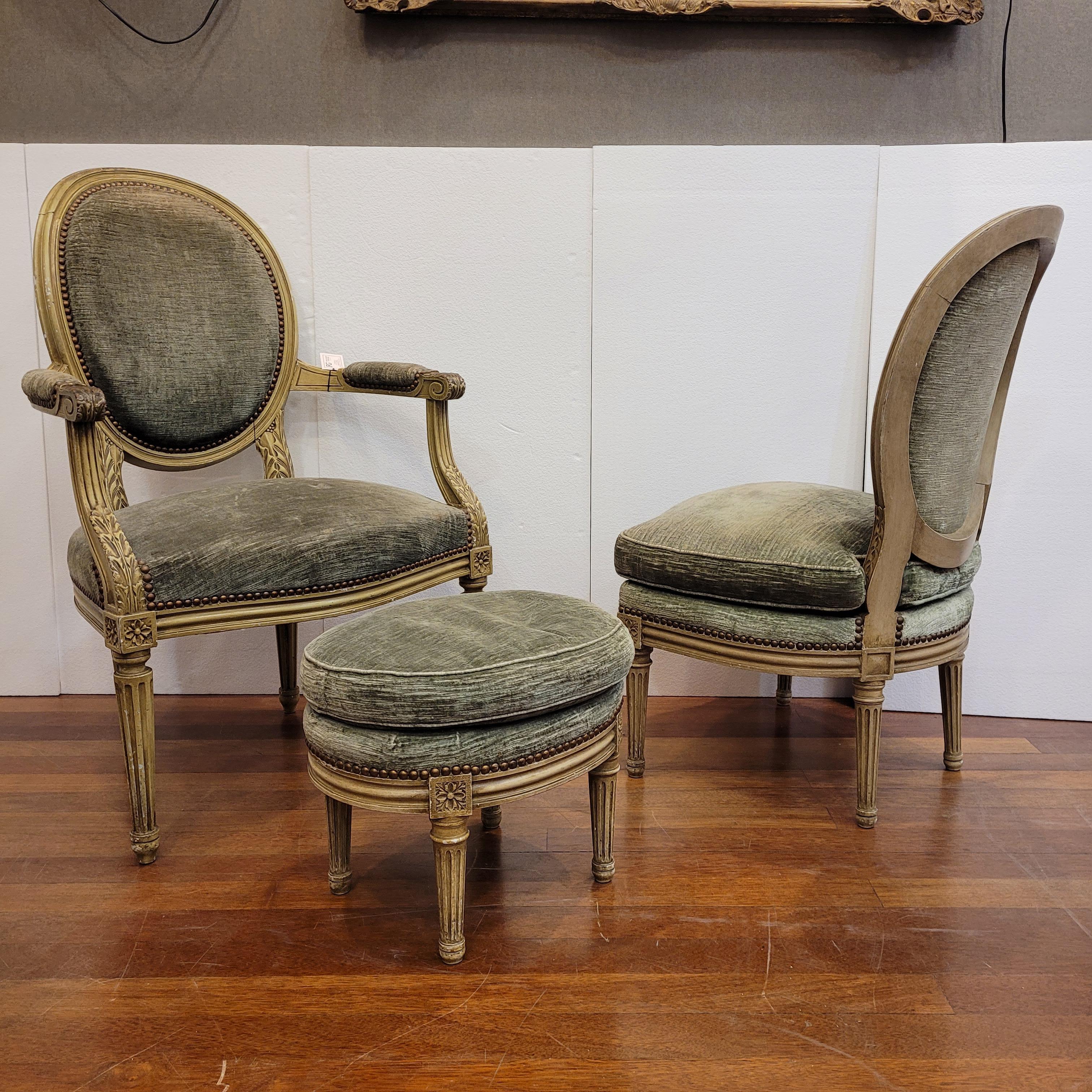  French Napoleon III  dry green set of 3  seats, Louis XVI style  For Sale 11