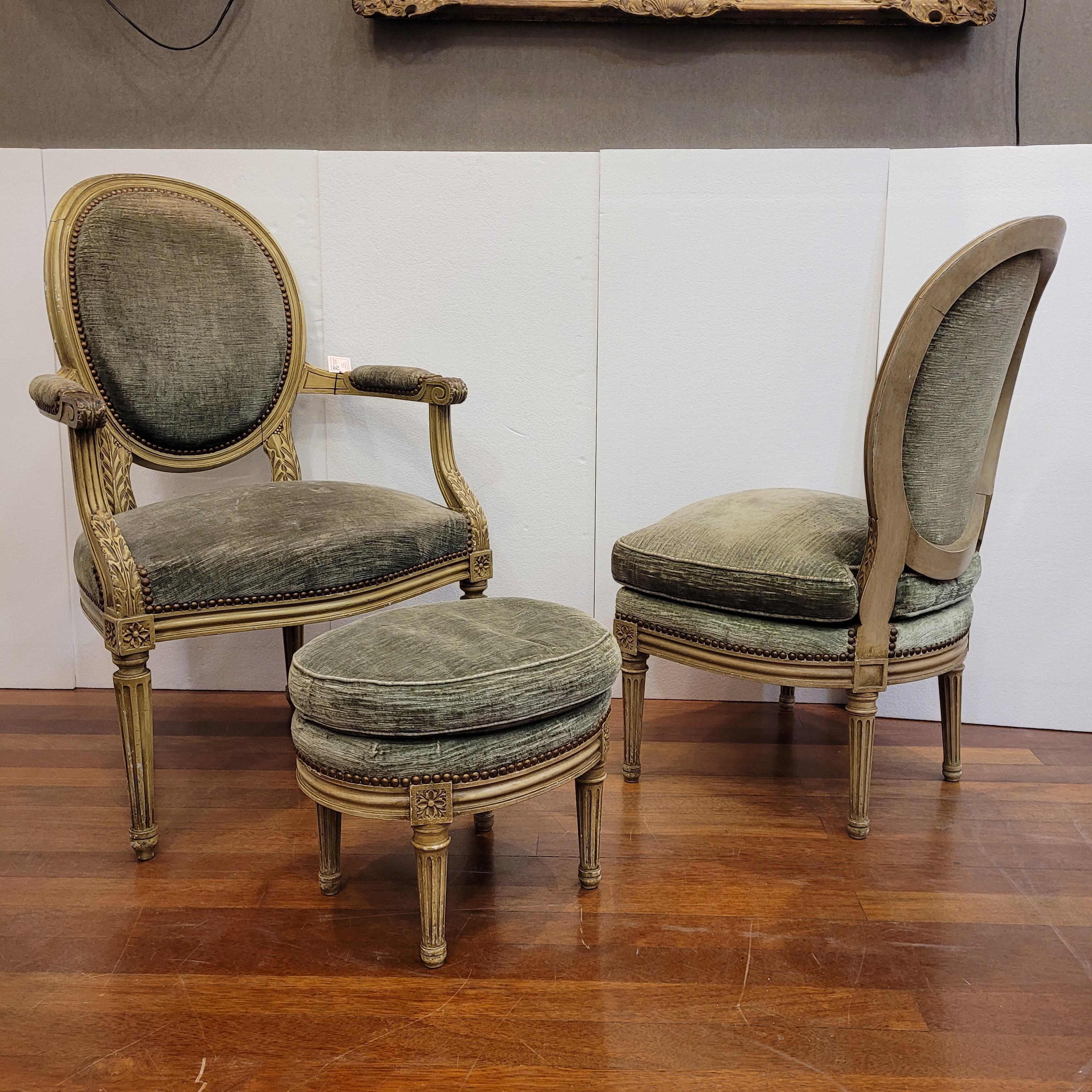  French Napoleon III  dry green set of 3  seats, Louis XVI style  For Sale 2