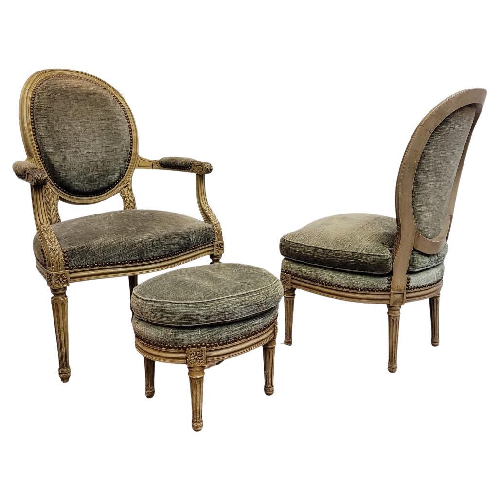  French Napoleon III  dry green set of 3  seats, Louis XVI style  For Sale