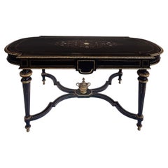 French Napoleon III Ebonized "Boulle" Bronze Inlay Desk with Drawer