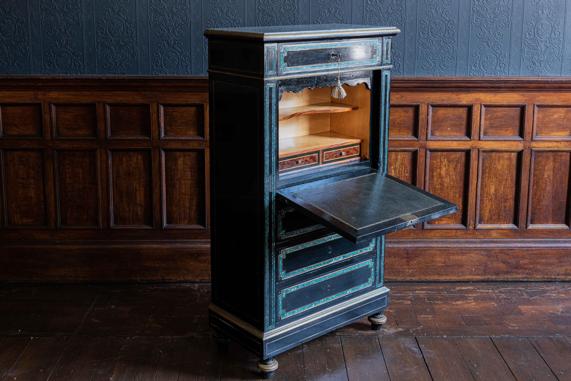 French Napoleon III ebonized secrétaire with inlaid brass, circa 1860
Brass trim supports the grey marble top and features throughout as a delicate inlay,
Sourced from Paris, comes with two working keys.

73w 38d 134h cm