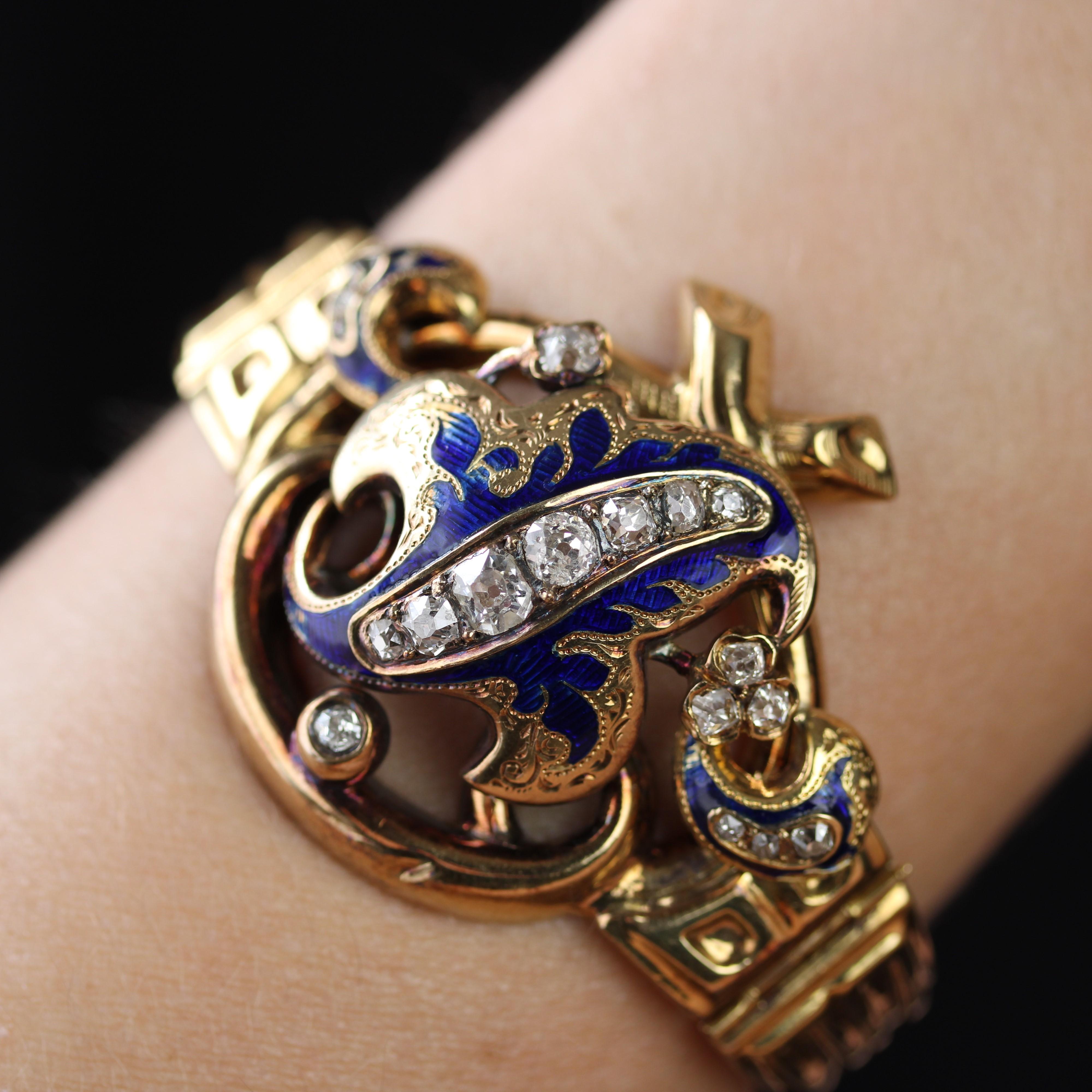 French Napoleon III Enamel Diamonds 18 Karat Yellow Gold Bracelet For Sale 5