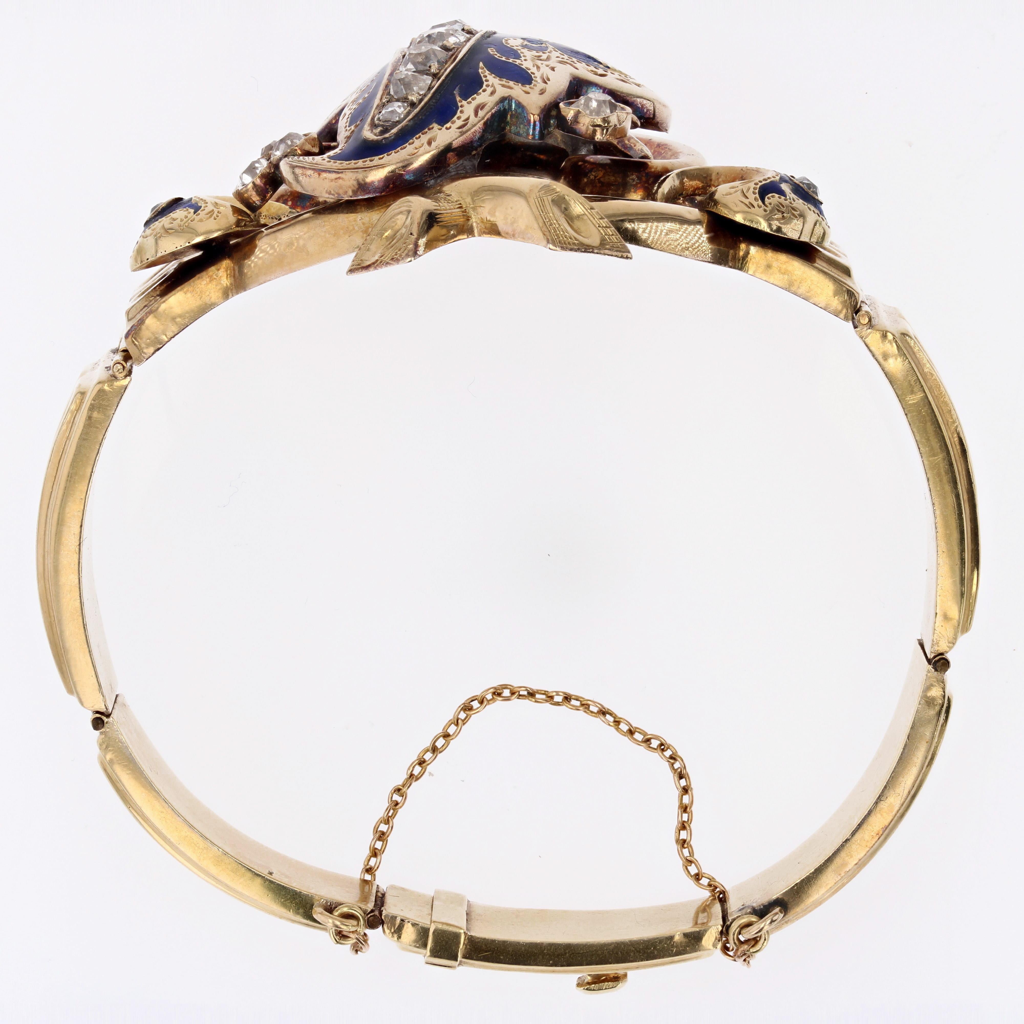 French Napoleon III Enamel Diamonds 18 Karat Yellow Gold Bracelet For Sale 6