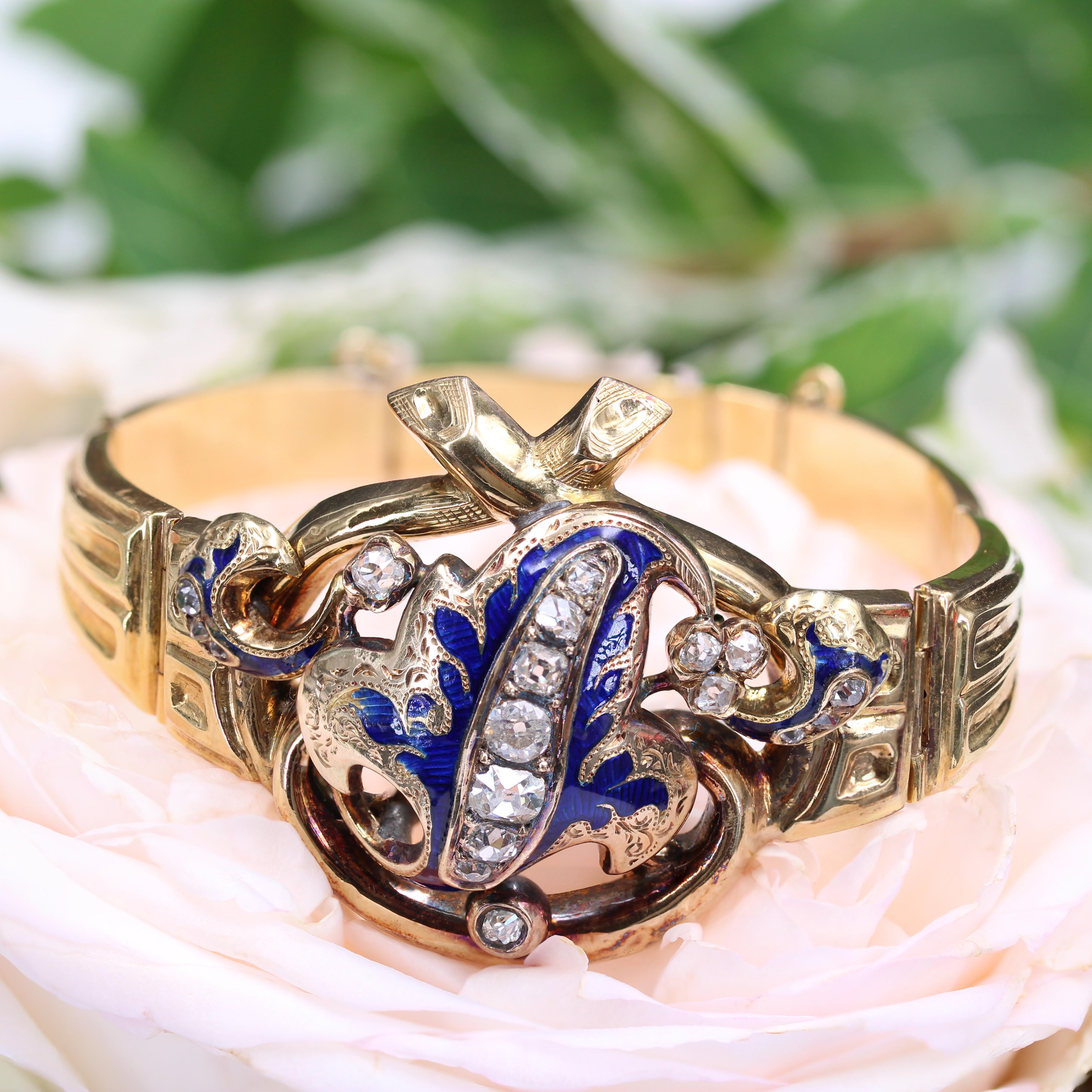 Antique Cushion Cut French Napoleon III Enamel Diamonds 18 Karat Yellow Gold Bracelet For Sale