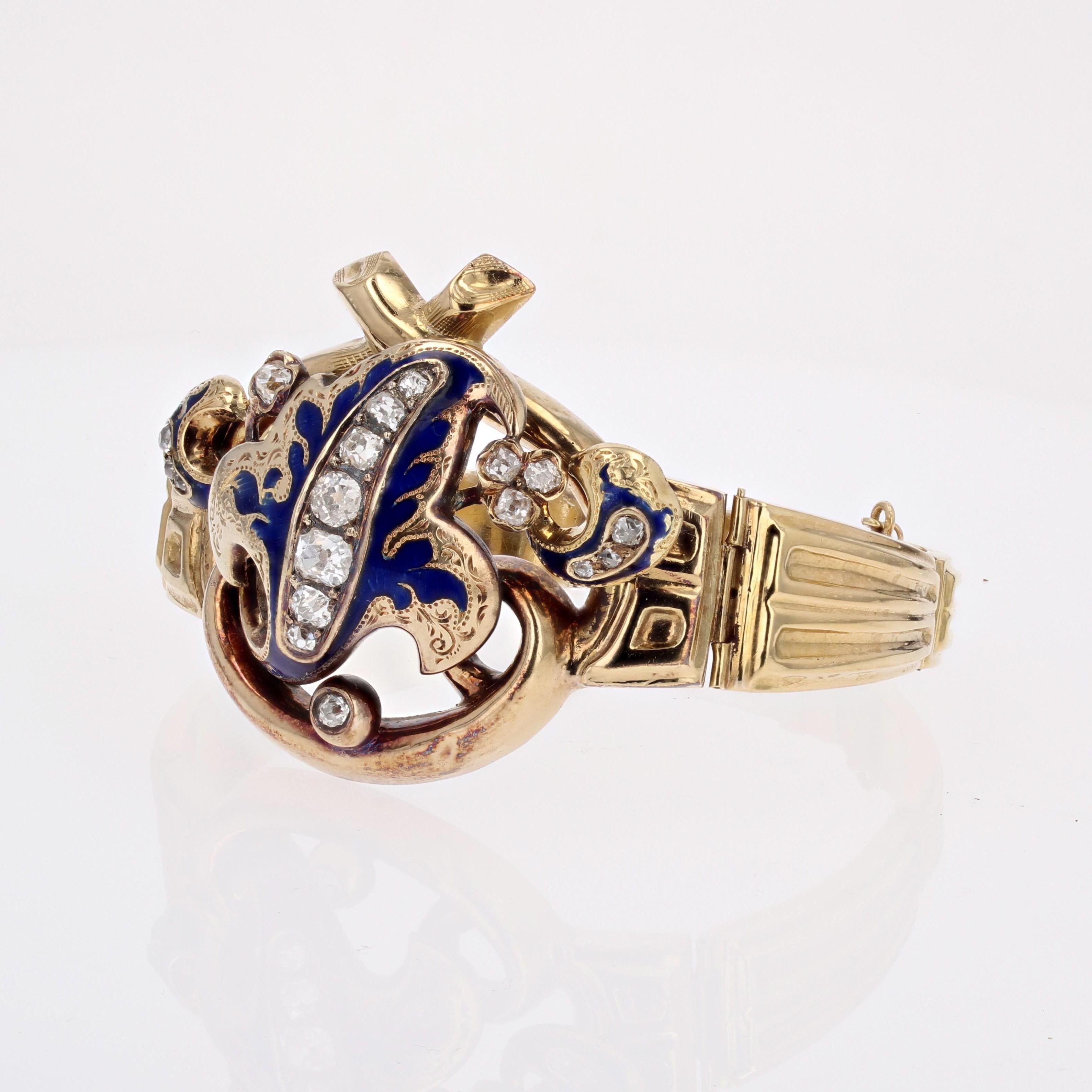 French Napoleon III Enamel Diamonds 18 Karat Yellow Gold Bracelet In Good Condition For Sale In Poitiers, FR