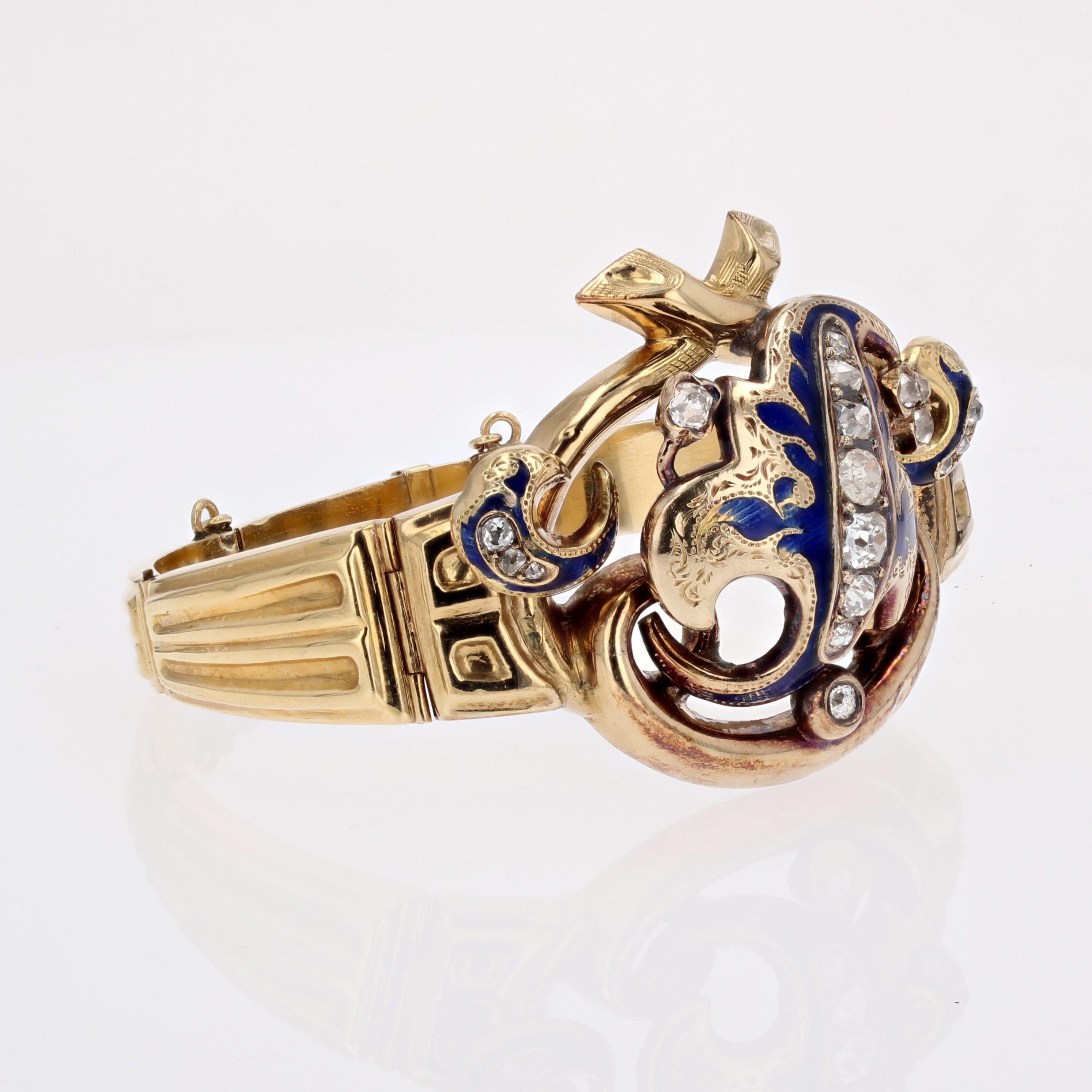 Women's French Napoleon III Enamel Diamonds 18 Karat Yellow Gold Bracelet For Sale