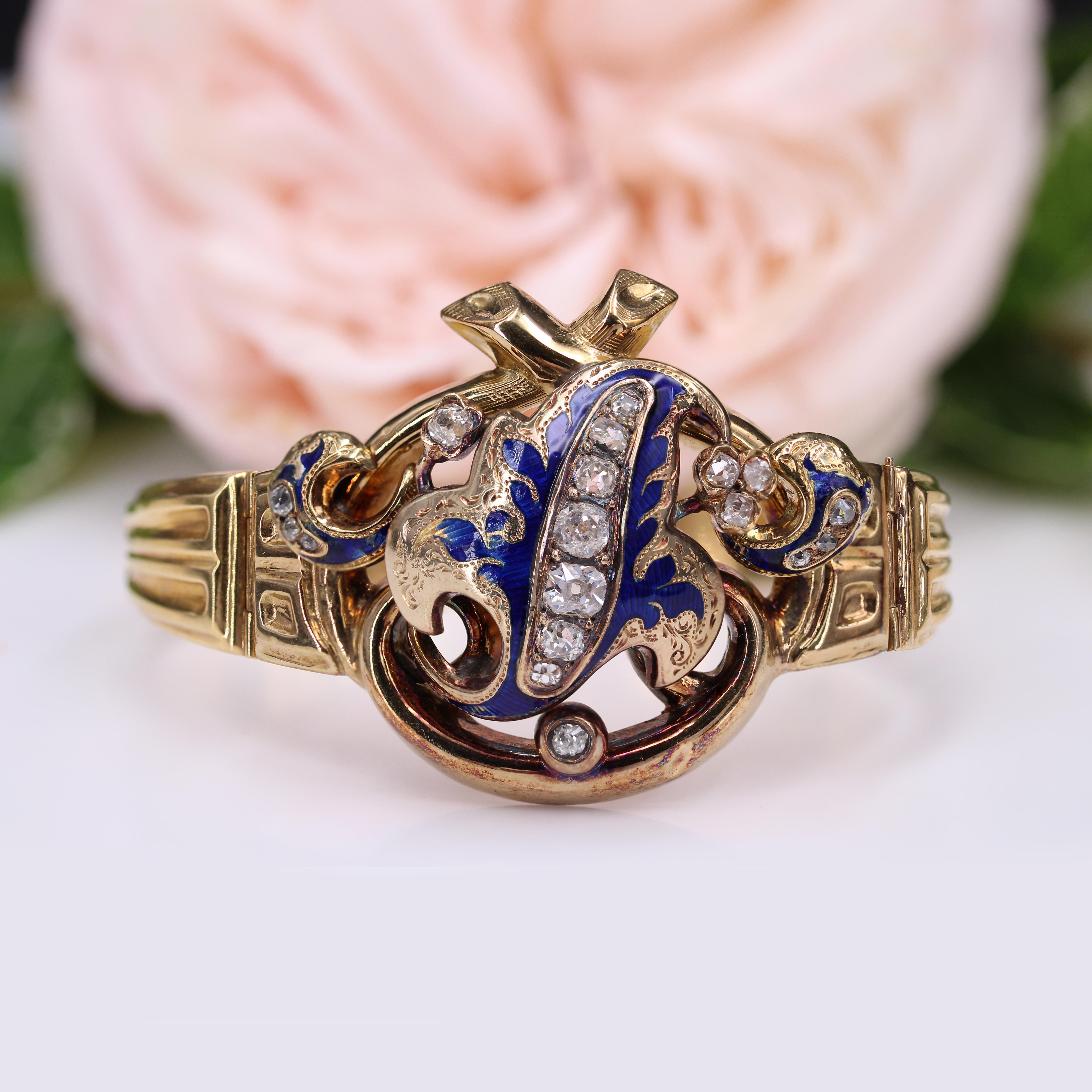 French Napoleon III Enamel Diamonds 18 Karat Yellow Gold Bracelet For Sale 1