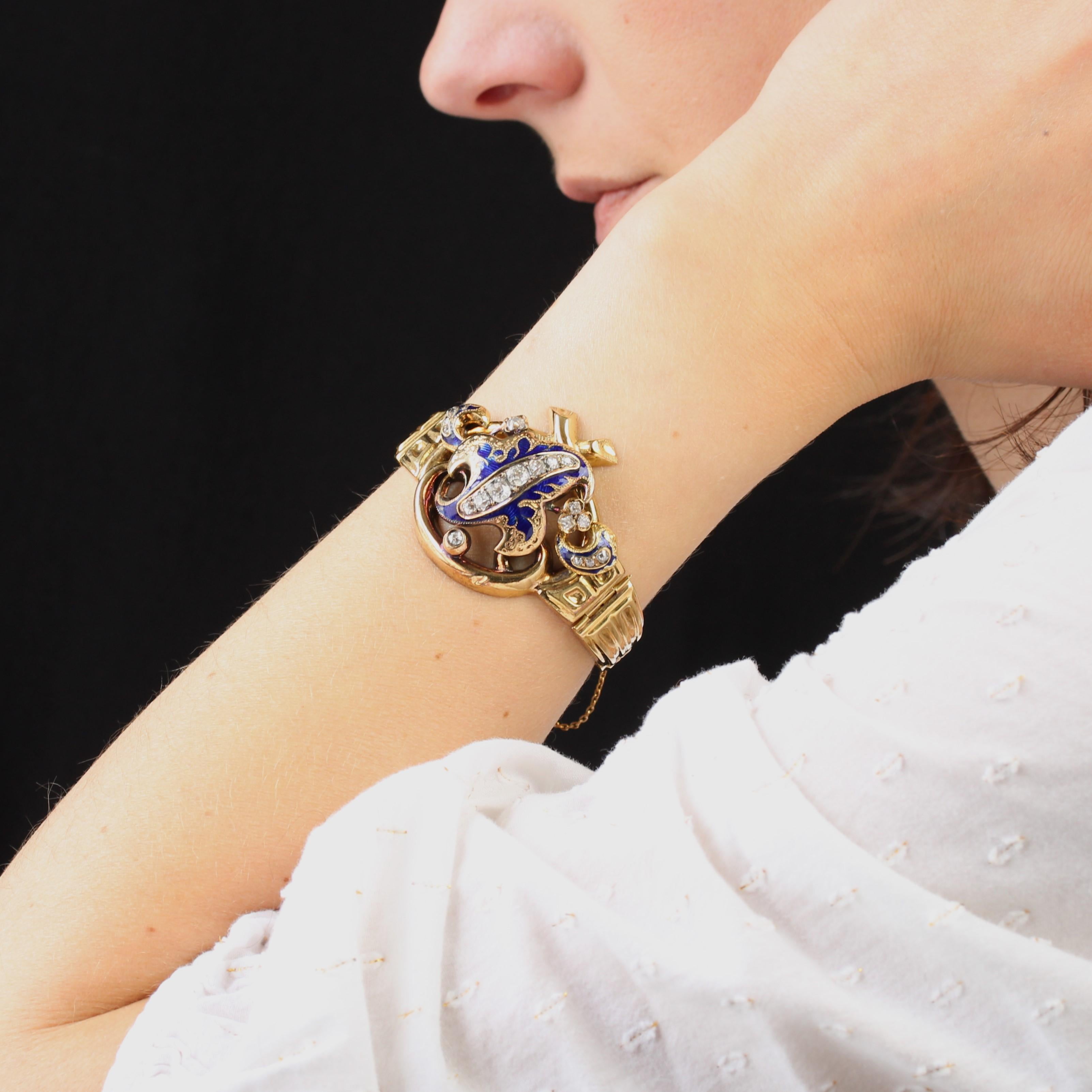 French Napoleon III Enamel Diamonds 18 Karat Yellow Gold Bracelet For Sale 4
