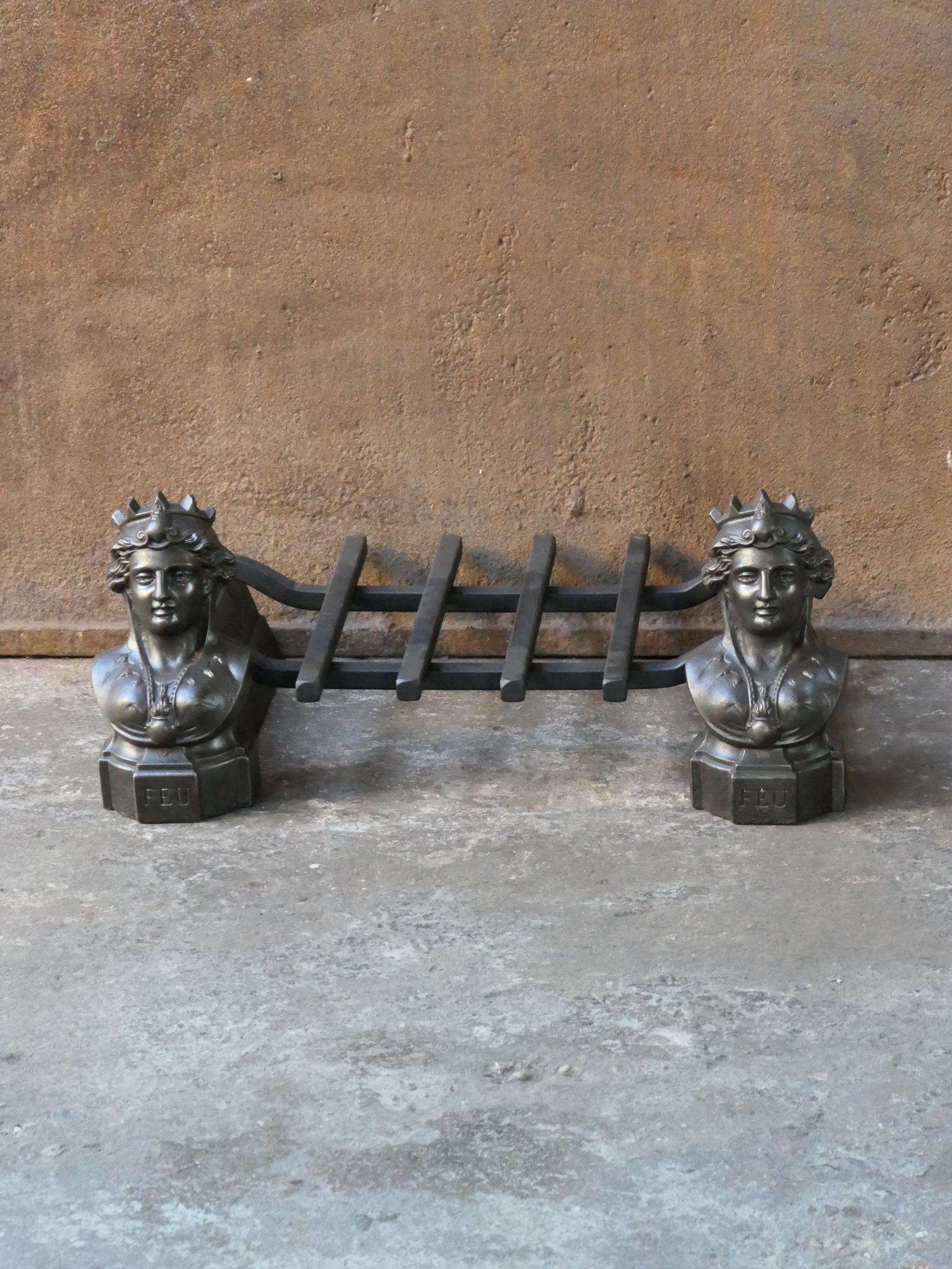 19th century French Napoleon III period fireplace basket with period andirons and new grate. The fire basket is made of cast iron and wrought iron. The basket is in a good condition and is fully functional.