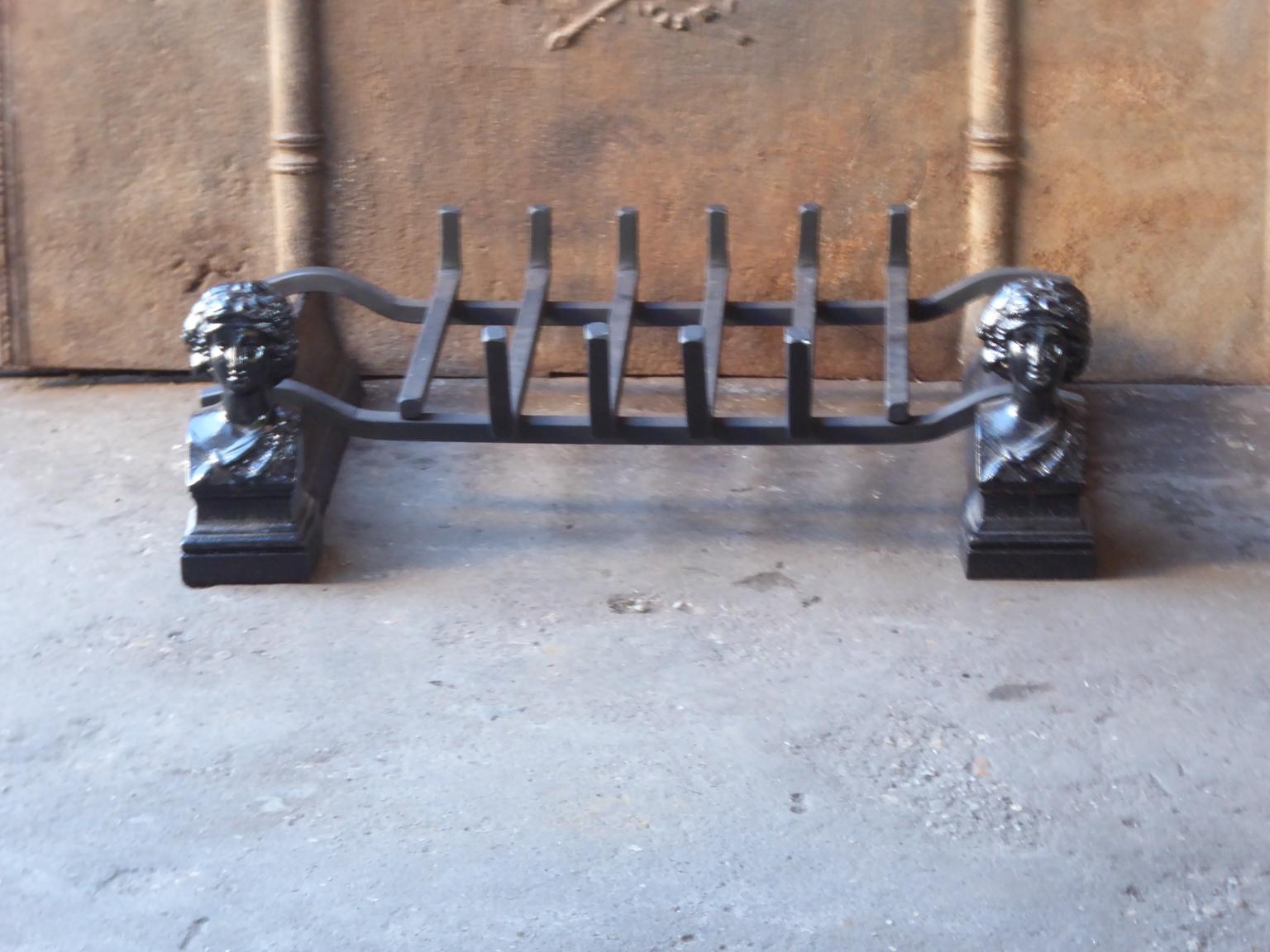 Late 19th or early 20th century French Napoleon III fireplace basket, fire basket made of wrought iron and cast iron. The basket is in a good condition and is fully functional.