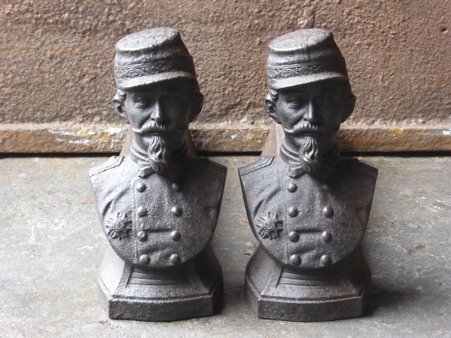 19th century French Napoleon III andirons made of cast iron.