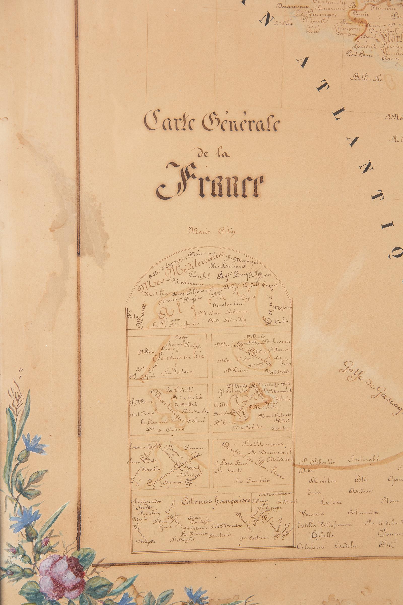 French Napoleon III Framed Hand Drawn Map of France, 1870s 7