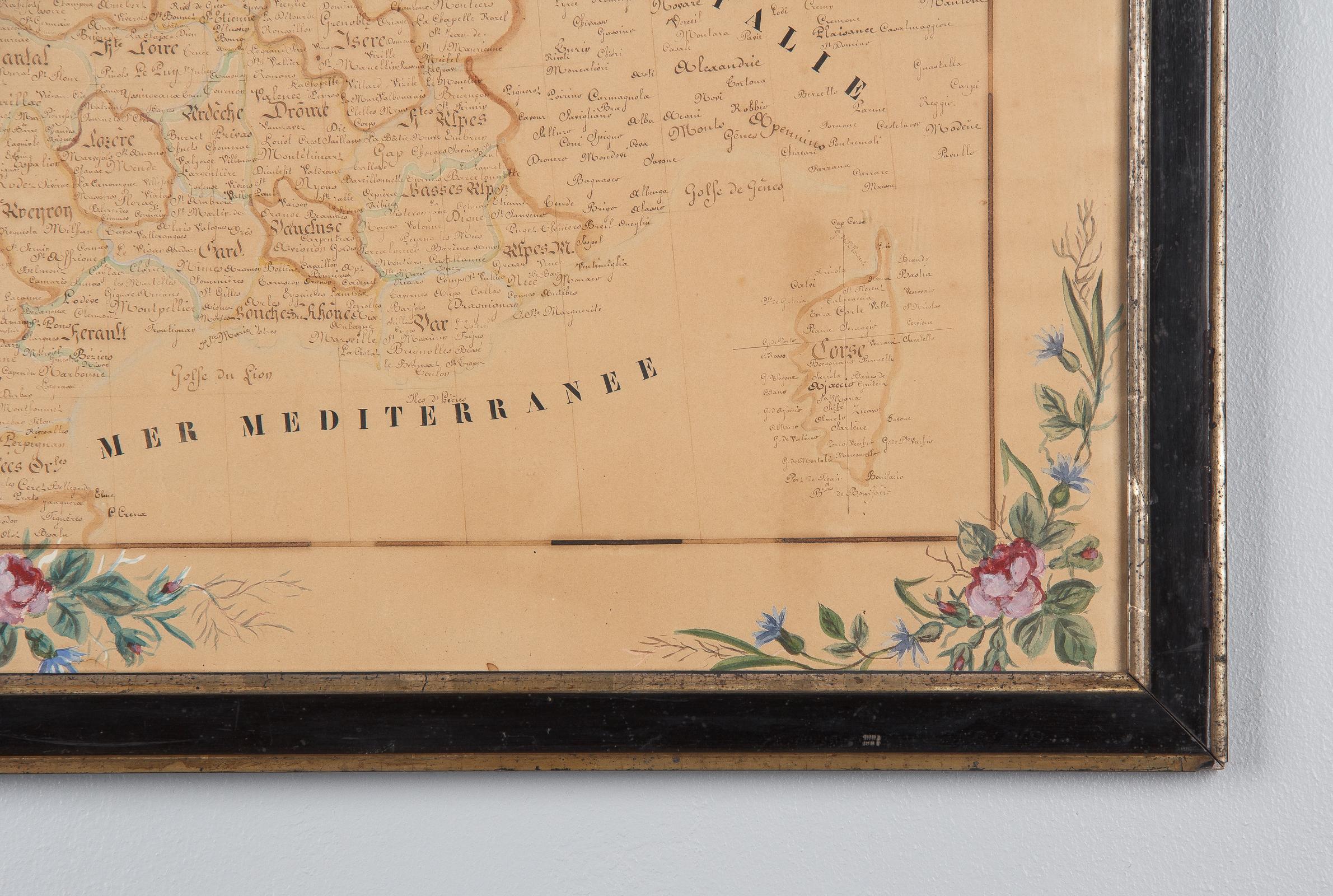 Late 19th Century French Napoleon III Framed Hand Drawn Map of France, 1870s