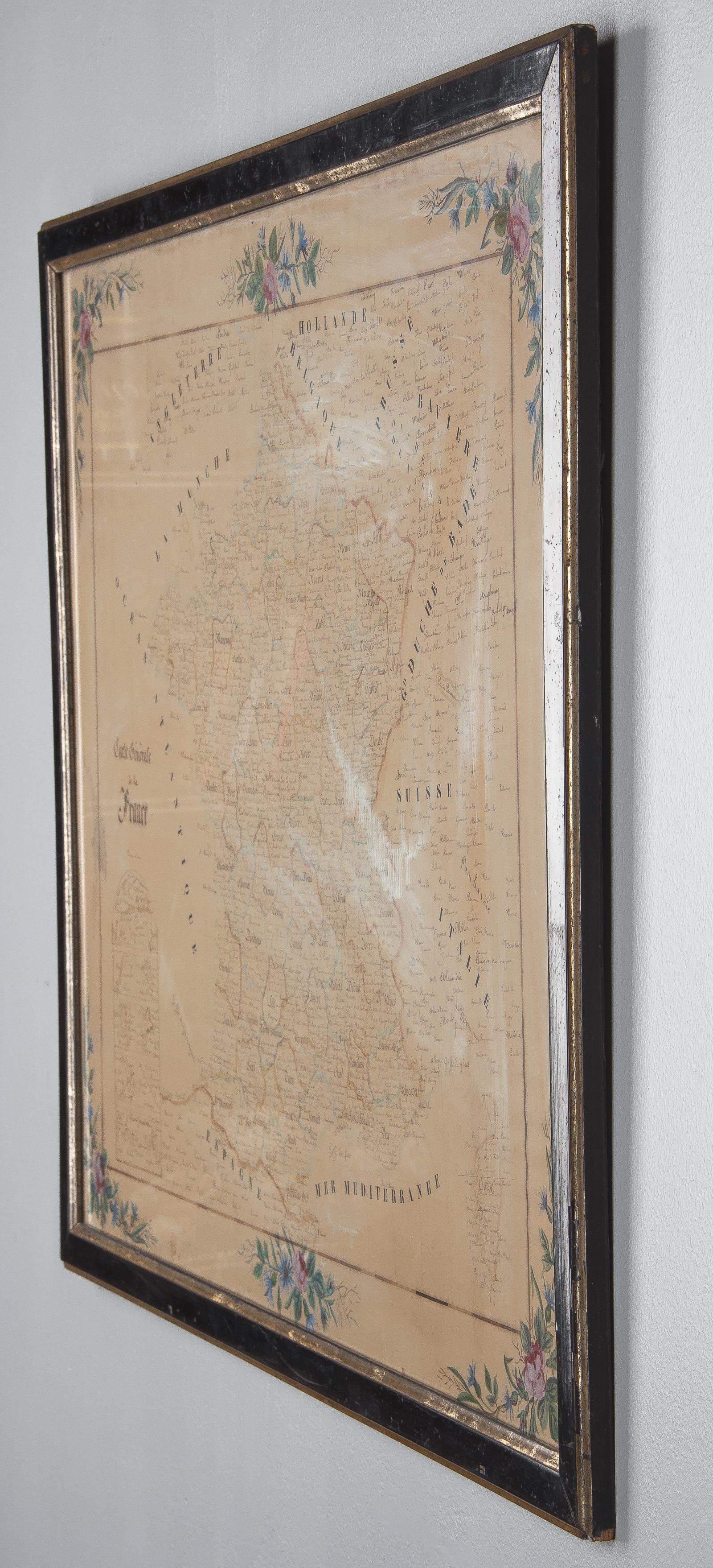 French Napoleon III Framed Hand Drawn Map of France, 1870s 1