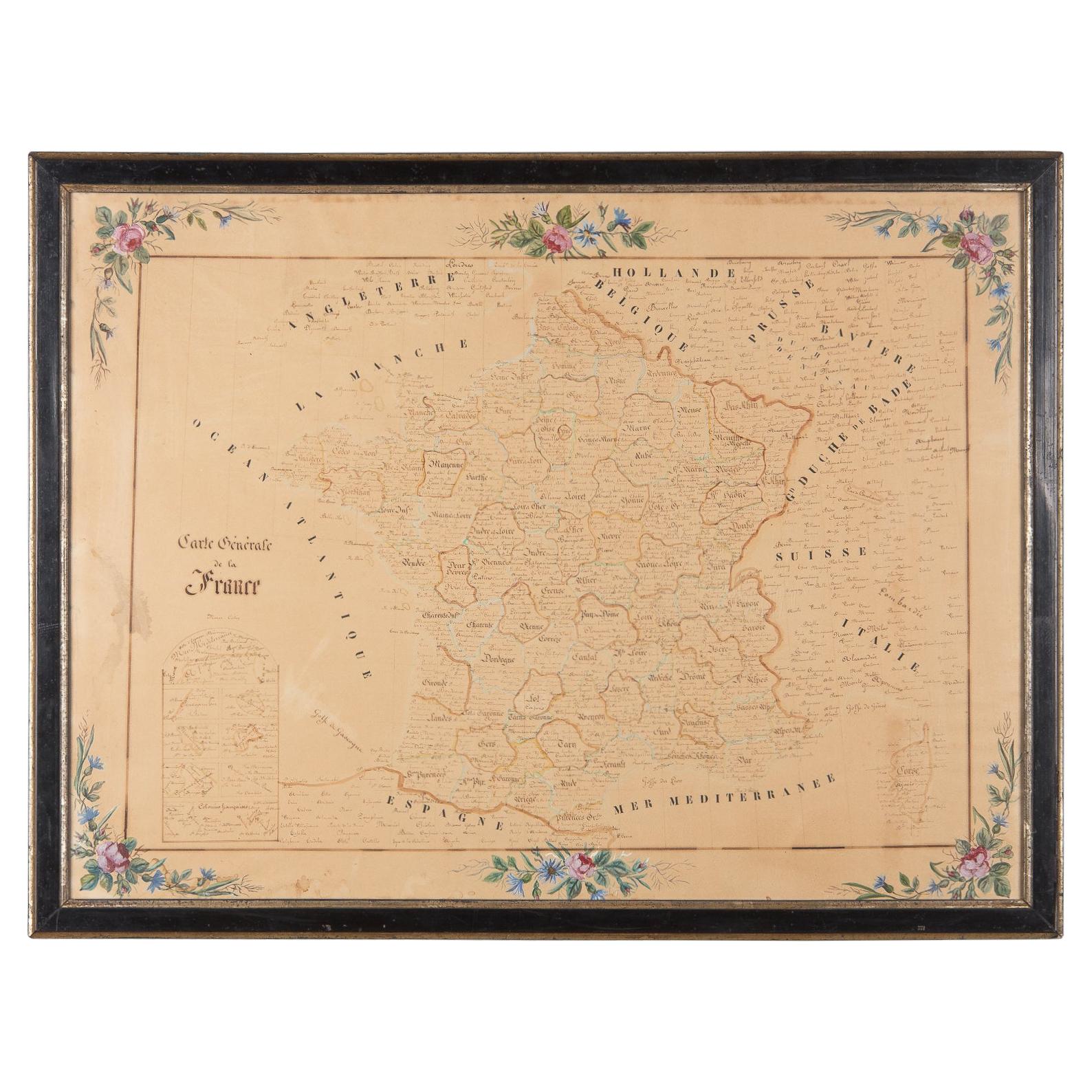 French Napoleon III Framed Hand Drawn Map of France, 1870s