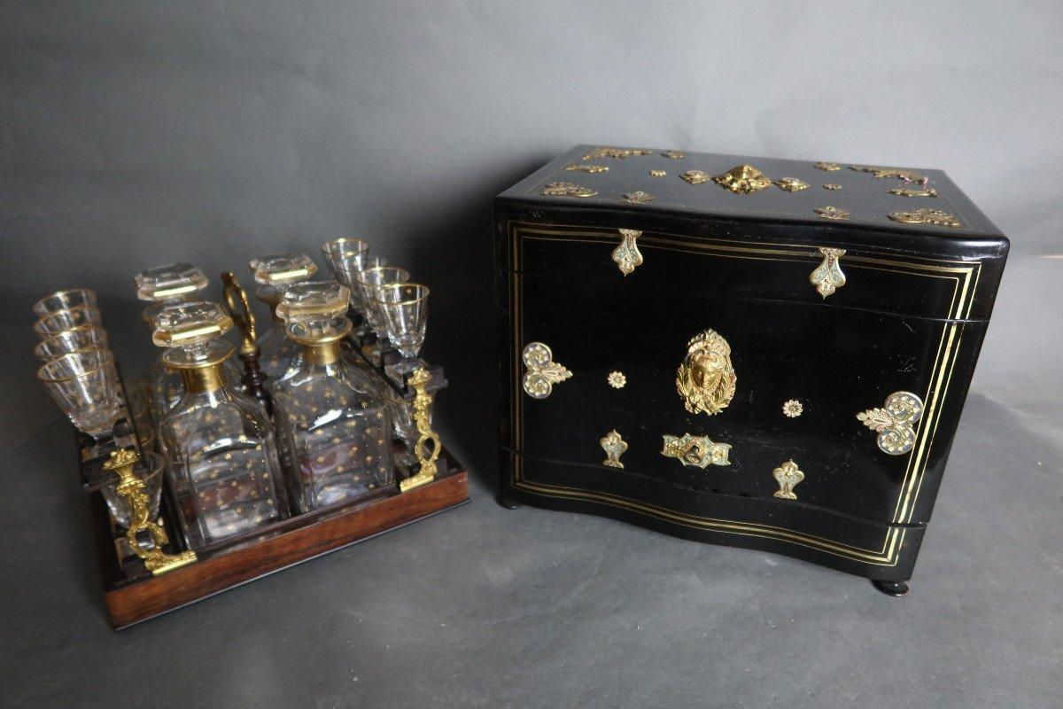French Napoleon III Gilded Bronze and Blackened Wood Liquor Cellar For Sale 1