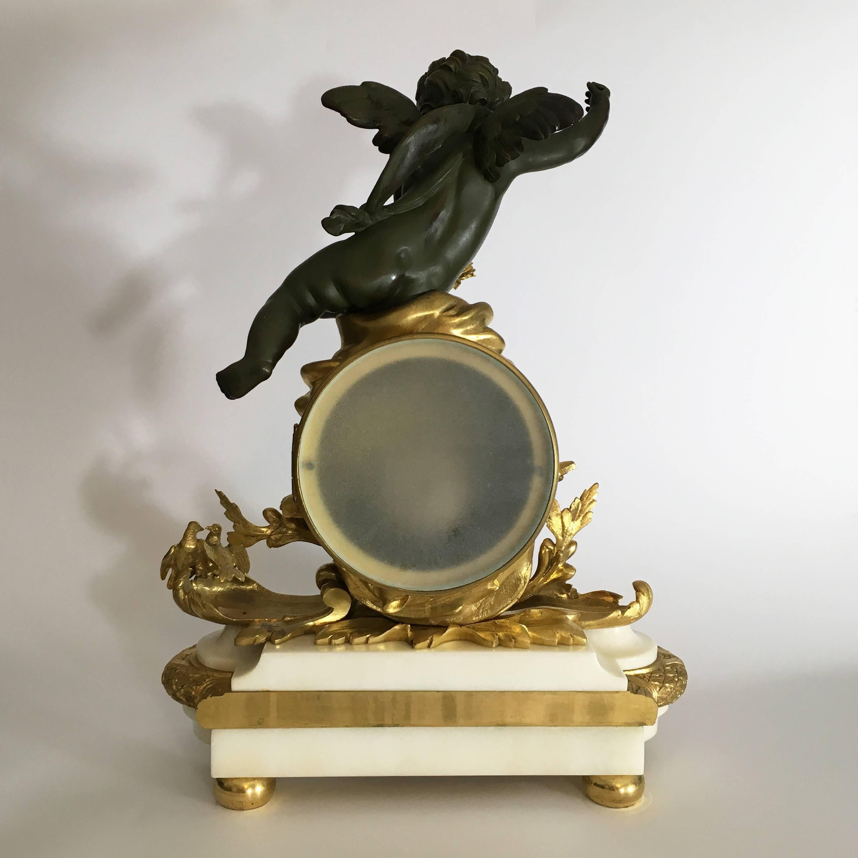 French Napoleon III Gilt Bronze and White Marble Clock Set For Sale 5