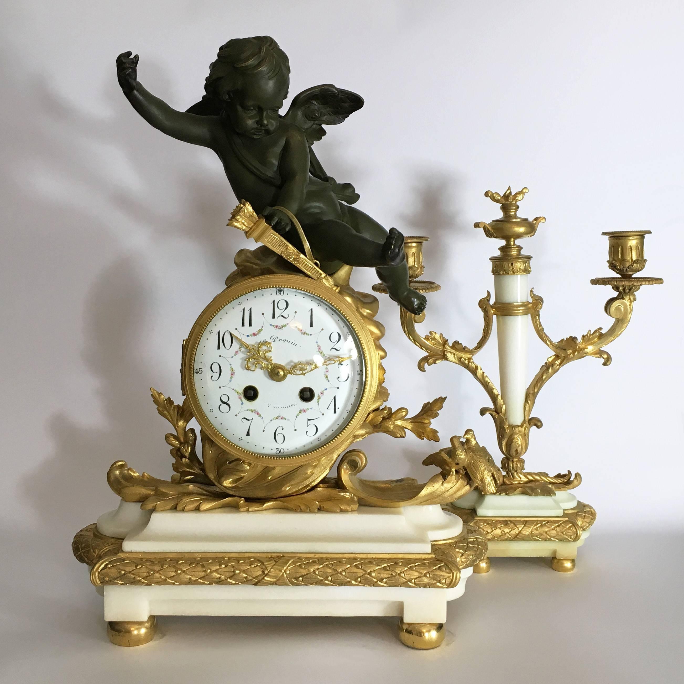 French Napoleon III Gilt Bronze and White Marble Clock Set For Sale 8