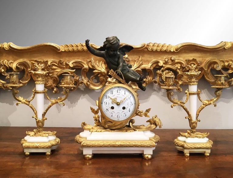 French Napoleon III Gilt Bronze and White Marble Clock Set For Sale at ...