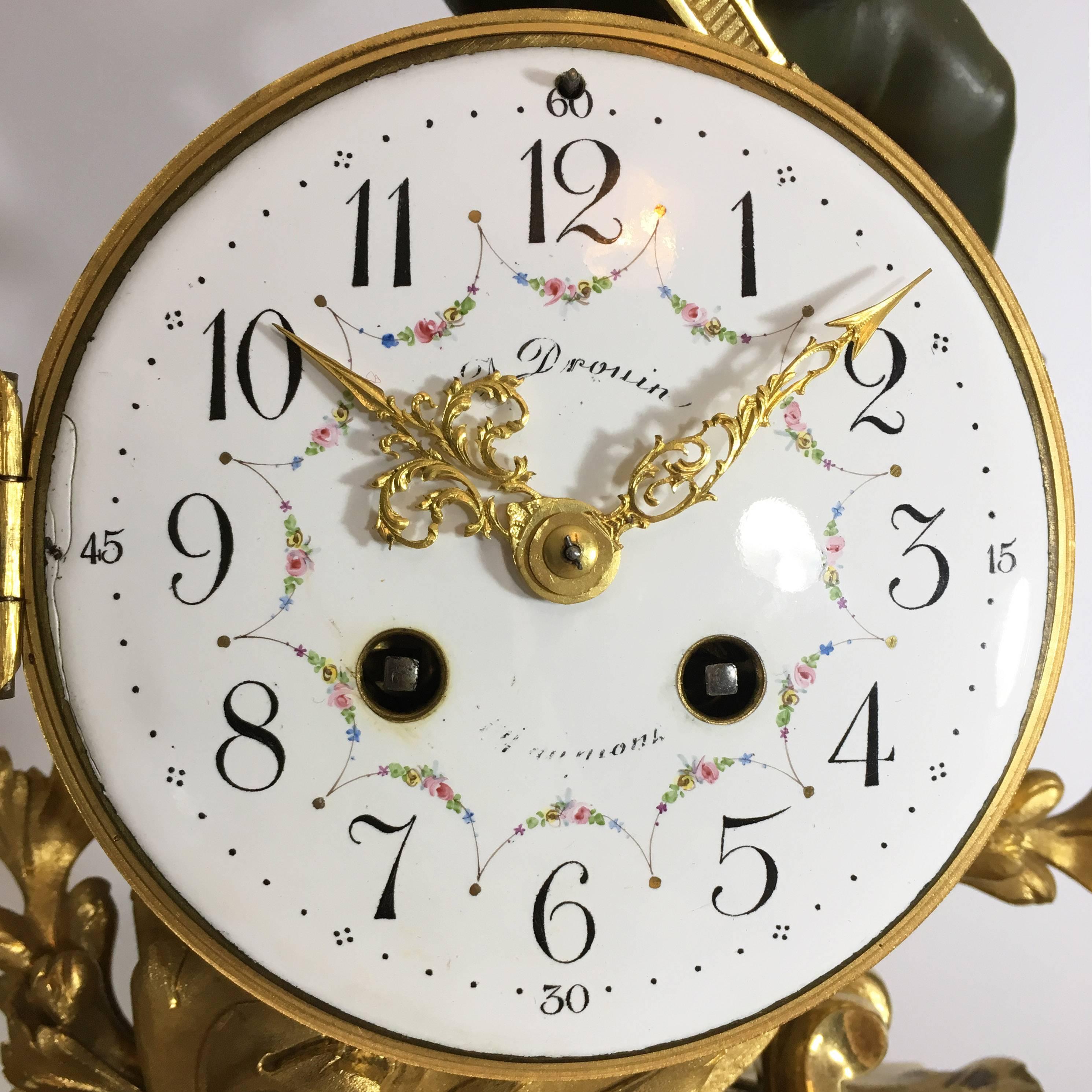 Ormolu French Napoleon III Gilt Bronze and White Marble Clock Set For Sale