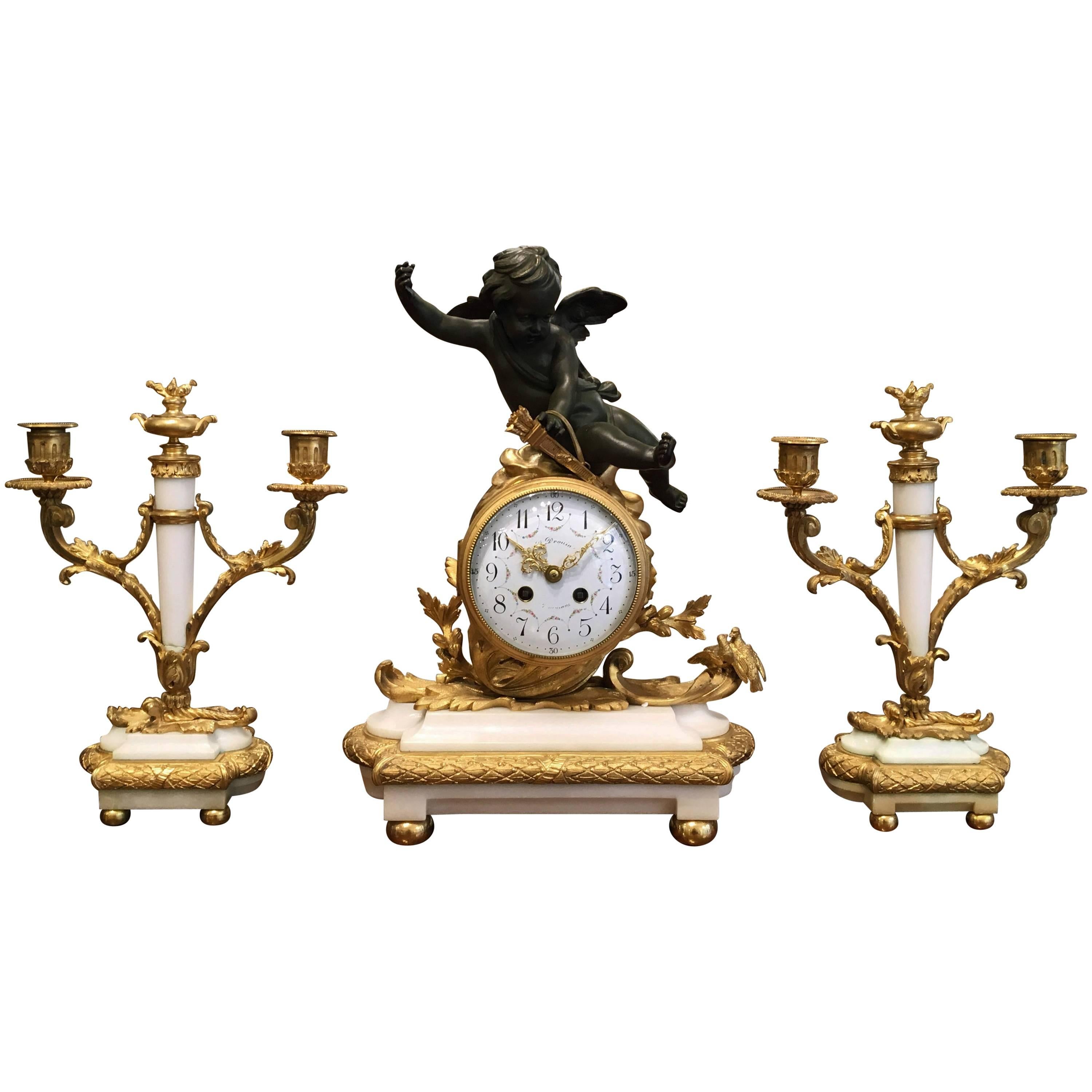 French Napoleon III Gilt Bronze and White Marble Clock Set For Sale